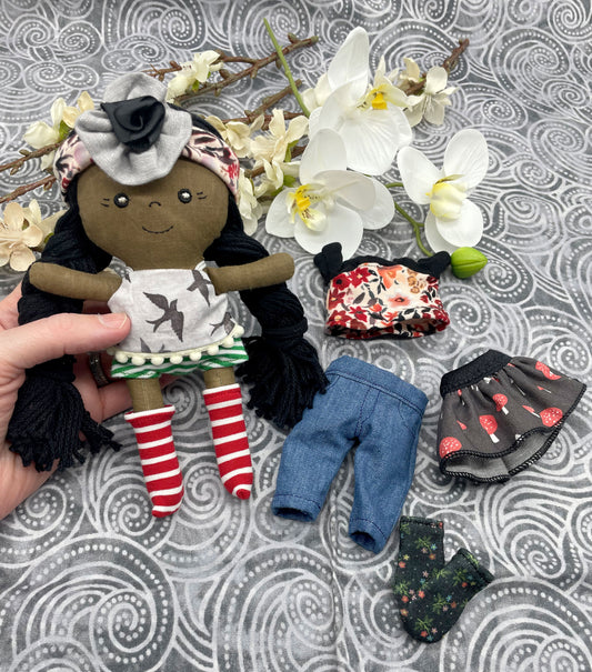 Small Handmade Doll with extra clothes, handmade, Black hair, Accessories included, Gift, Diverse, heirloom, doll set, skirt, reversible