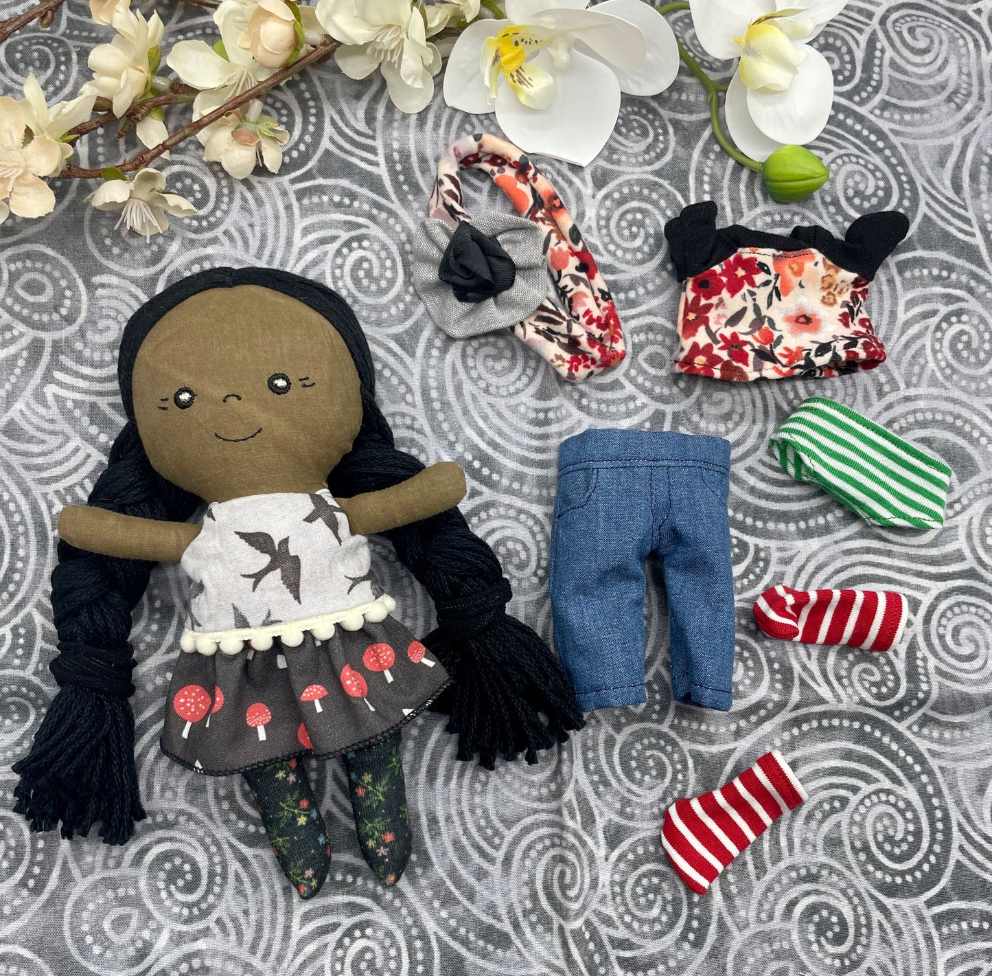 Small Handmade Doll with extra clothes, handmade, Black hair, Accessories included, Gift, Diverse, heirloom, doll set, skirt, reversible