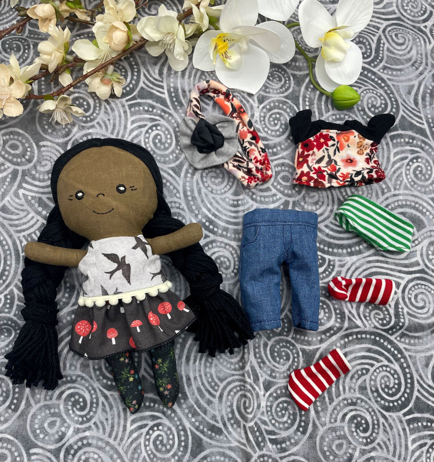 Small Handmade Doll with extra clothes, handmade, Black hair, Accessories included, Gift, Diverse, heirloom, doll set, skirt, reversible