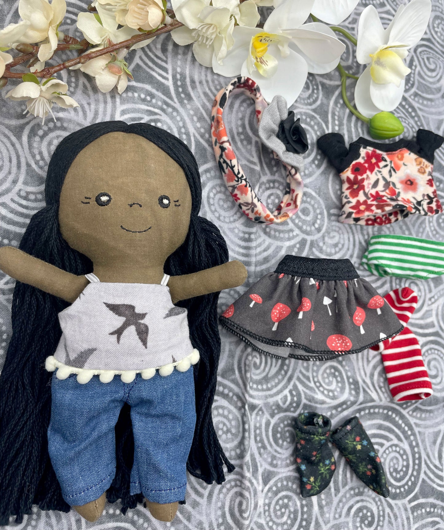 Small Handmade Doll with extra clothes, handmade, Black hair, Accessories included, Gift, Diverse, heirloom, doll set, skirt, reversible