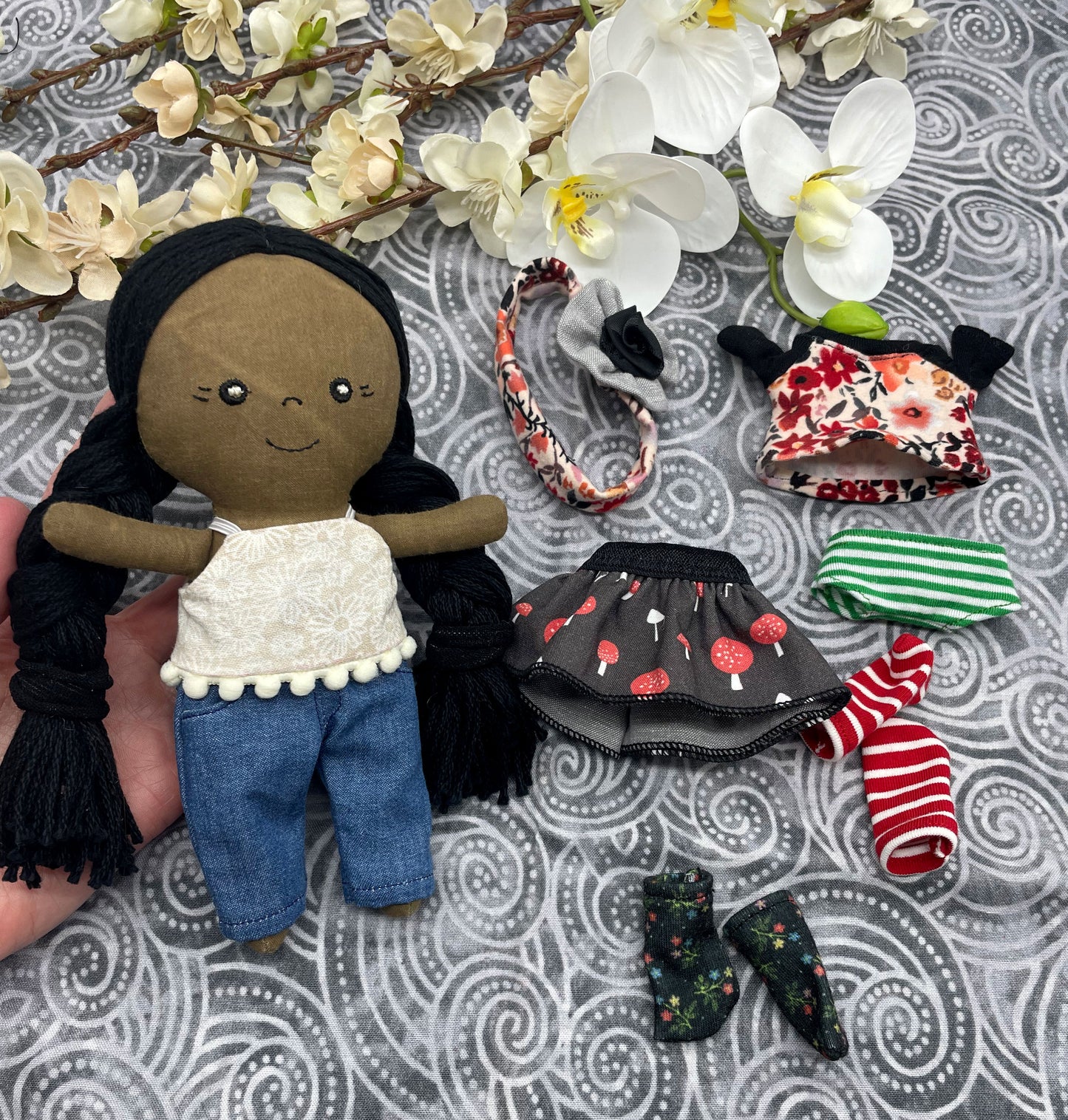 Small Handmade Doll with extra clothes, handmade, Black hair, Accessories included, Gift, Diverse, heirloom, doll set, skirt, reversible