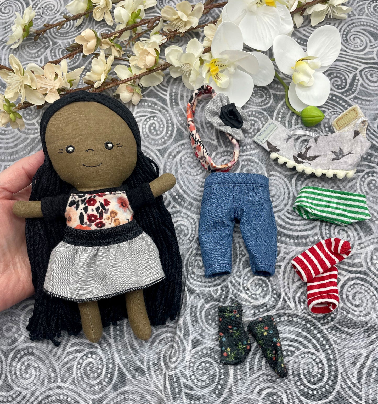 Small Handmade Doll with extra clothes, handmade, Black hair, Accessories included, Gift, Diverse, heirloom, doll set, skirt, reversible