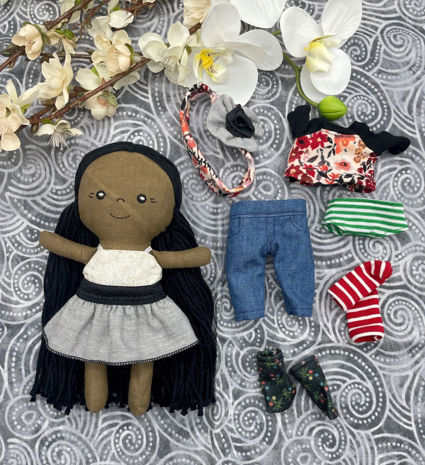 Small Handmade Doll with extra clothes, handmade, Black hair, Accessories included, Gift, Diverse, heirloom, doll set, skirt, reversible