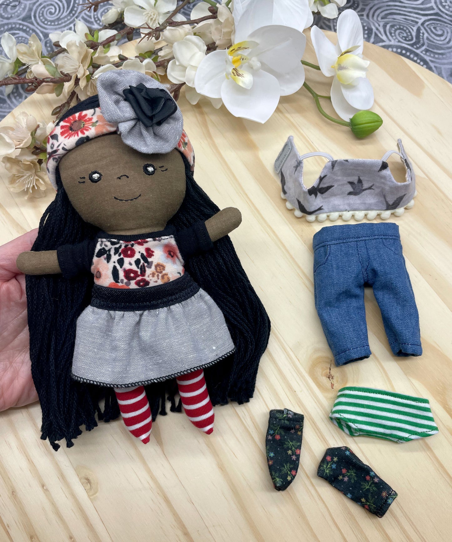 Small Handmade Doll with extra clothes, handmade, Black hair, Accessories included, Gift, Diverse, heirloom, doll set, skirt, reversible