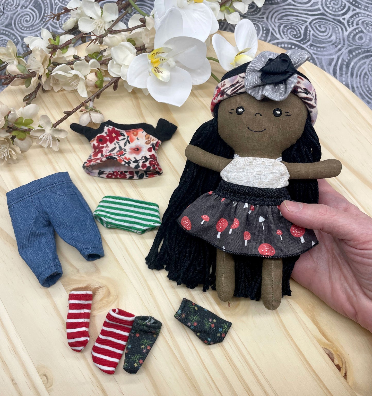 Small Handmade Doll with extra clothes, handmade, Black hair, Accessories included, Gift, Diverse, heirloom, doll set, skirt, reversible