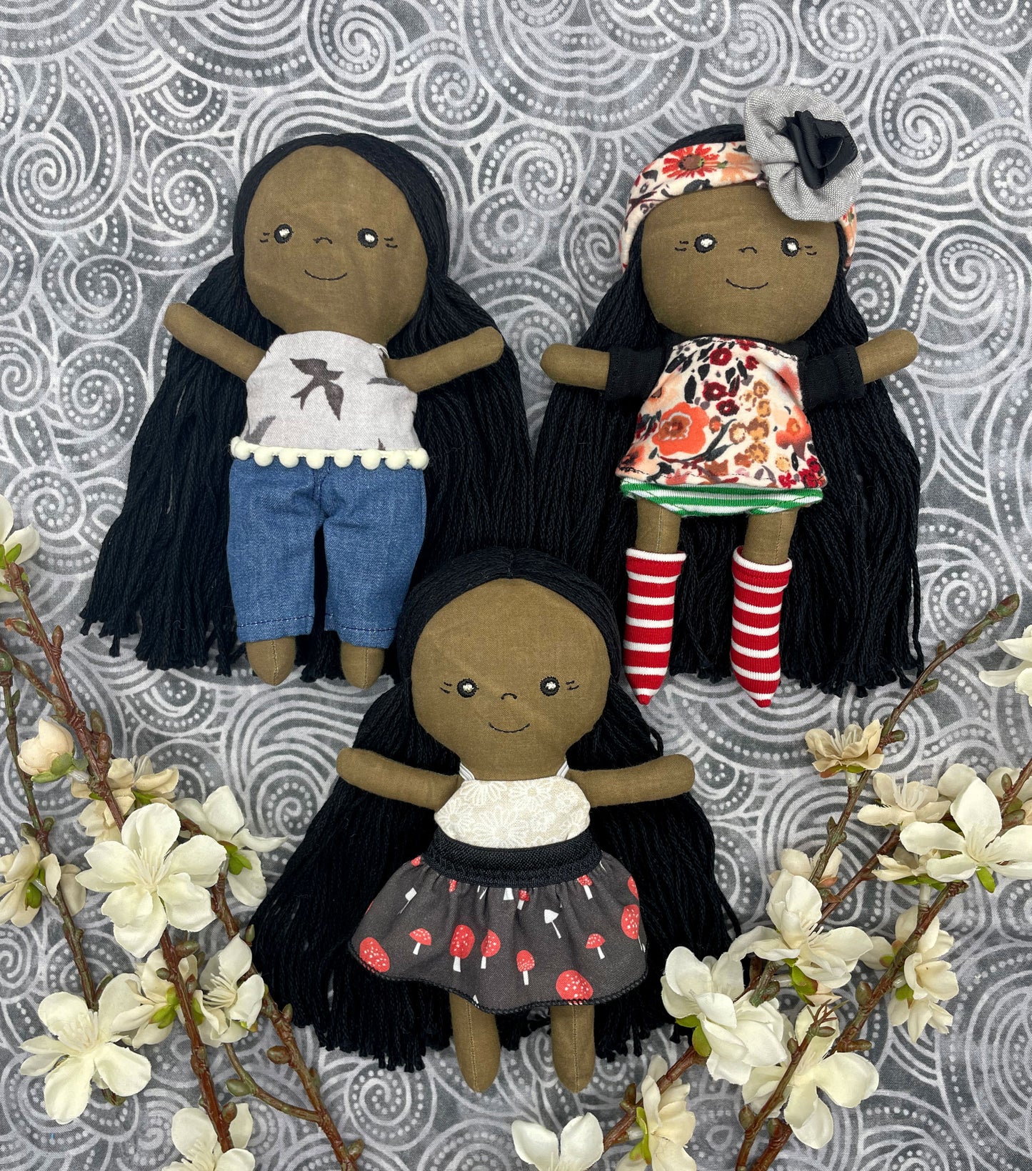 Small Handmade Doll with extra clothes, handmade, Black hair, Accessories included, Gift, Diverse, heirloom, doll set, skirt, reversible