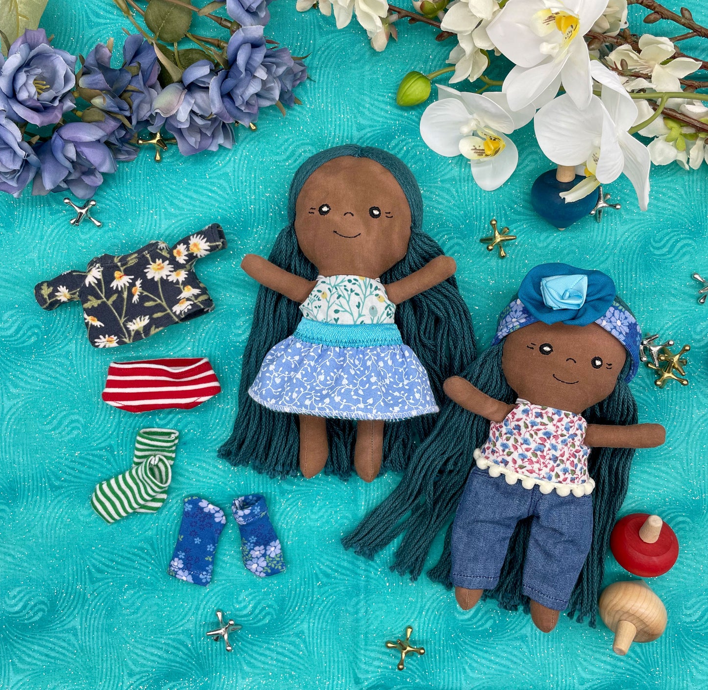 Small Handmade Doll with extra clothes, handmade, Blue hair, Accessories included, Gift, Diverse, heirloom, doll set, skirt, reversible