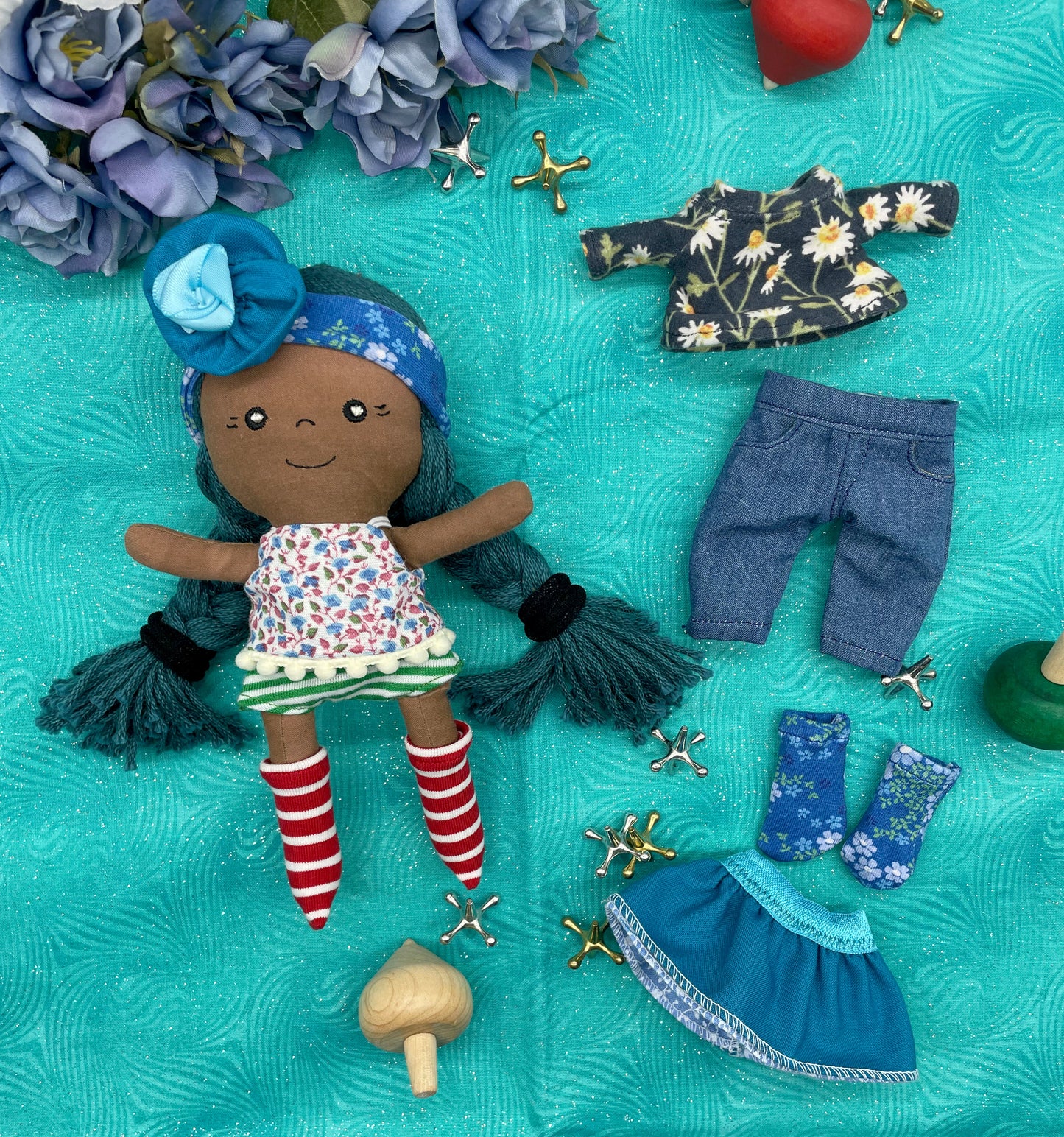 Small Handmade Doll with extra clothes, handmade, Blue hair, Accessories included, Gift, Diverse, heirloom, doll set, skirt, reversible