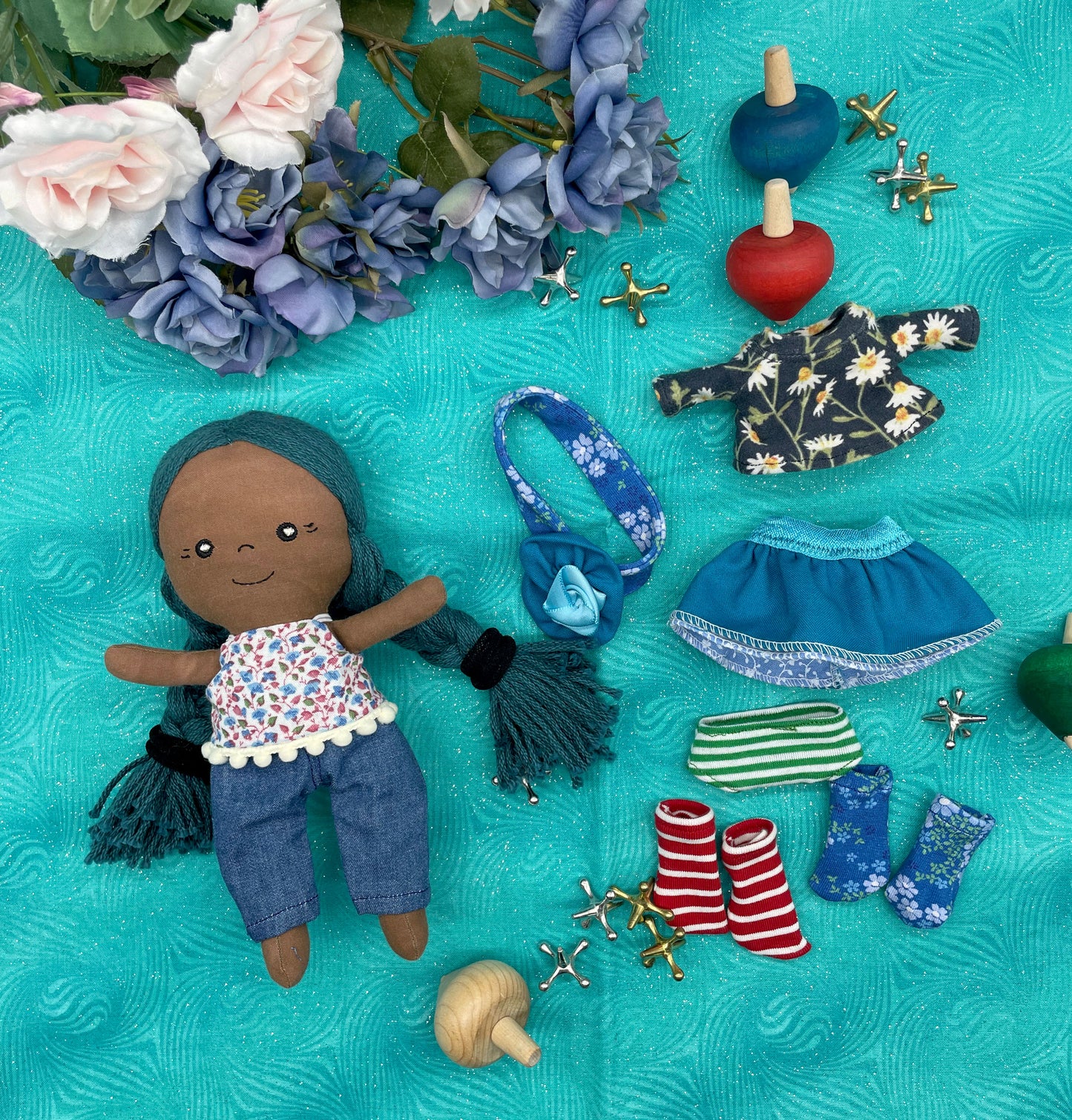 Small Handmade Doll with extra clothes, handmade, Blue hair, Accessories included, Gift, Diverse, heirloom, doll set, skirt, reversible