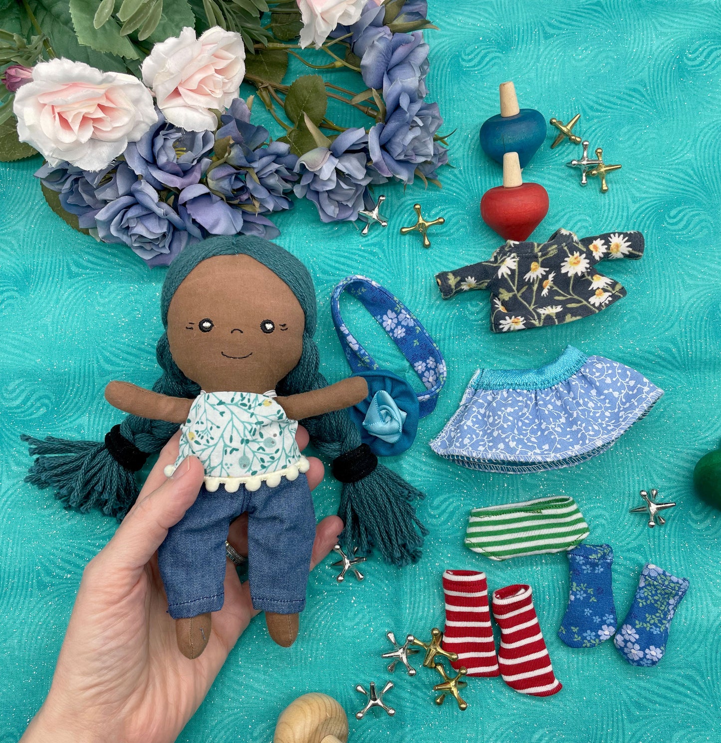 Small Handmade Doll with extra clothes, handmade, Blue hair, Accessories included, Gift, Diverse, heirloom, doll set, skirt, reversible