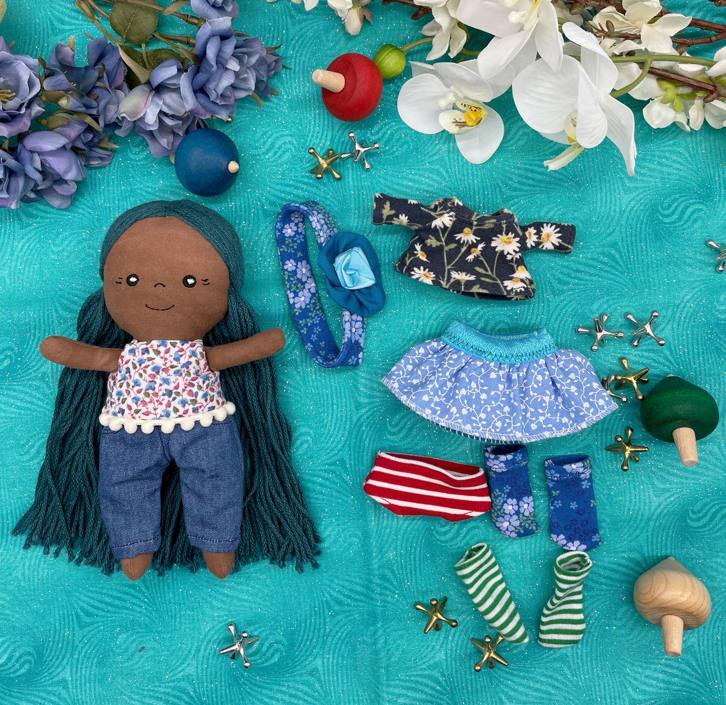 Small Handmade Doll with extra clothes, handmade, Blue hair, Accessories included, Gift, Diverse, heirloom, doll set, skirt, reversible