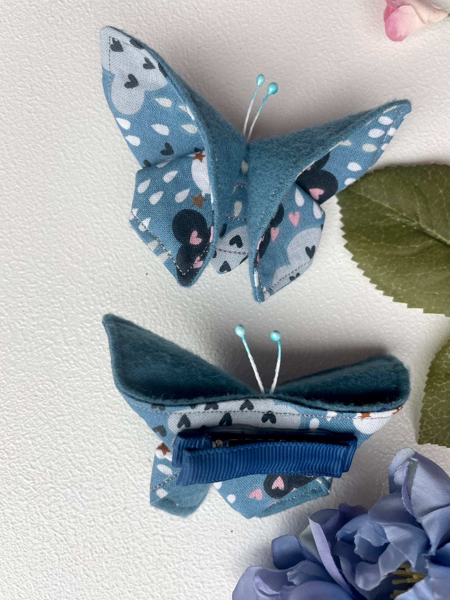 BLUE Rain Scrappy Butterfly Barrettes, Set of 2, Unique Barrettes, Children's Hair, One of a kind, Hair accessories, hair clips, flannel, cotton