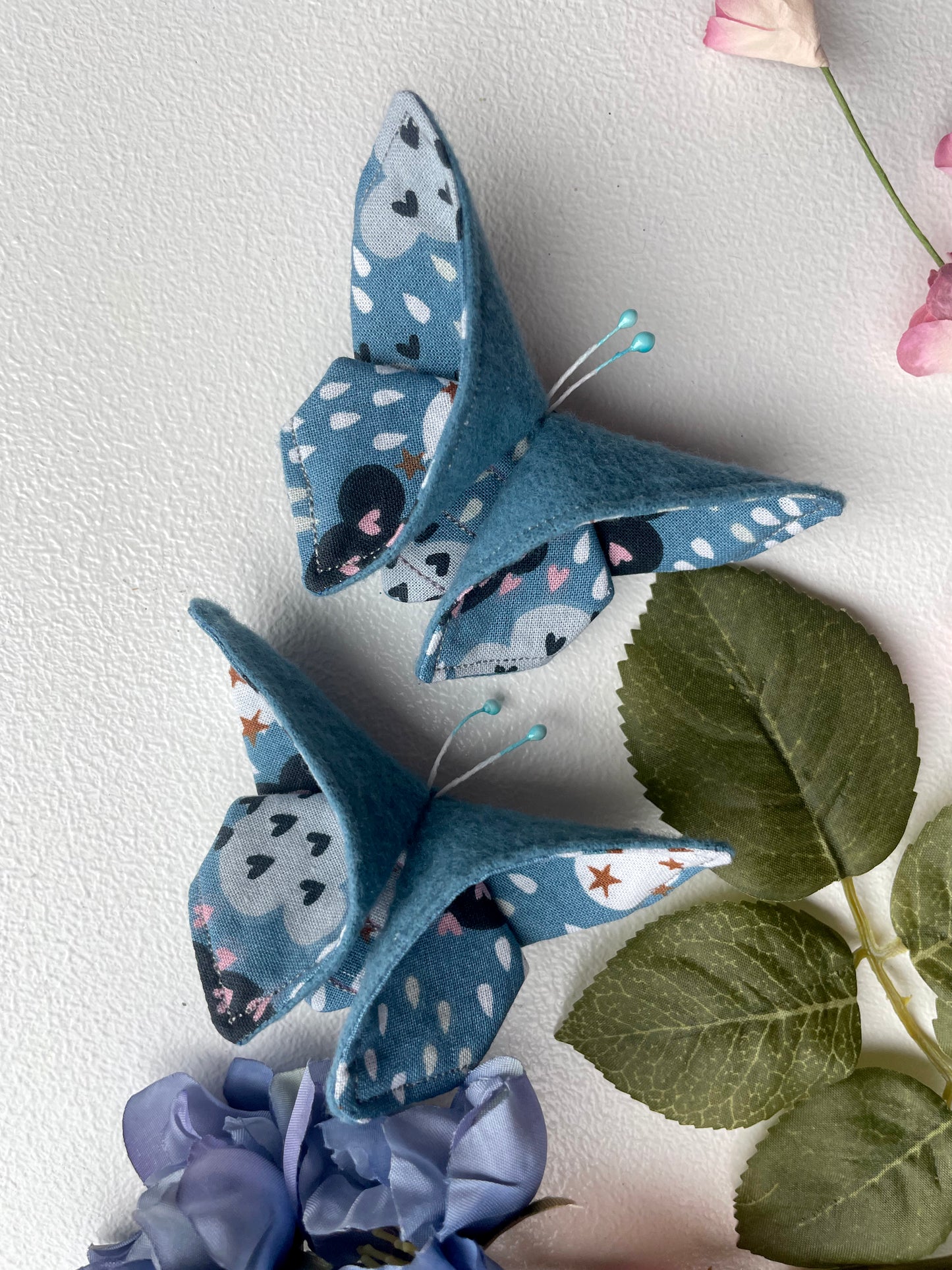 BLUE Rain Scrappy Butterfly Barrettes, Set of 2, Unique Barrettes, Children's Hair, One of a kind, Hair accessories, hair clips, flannel, cotton