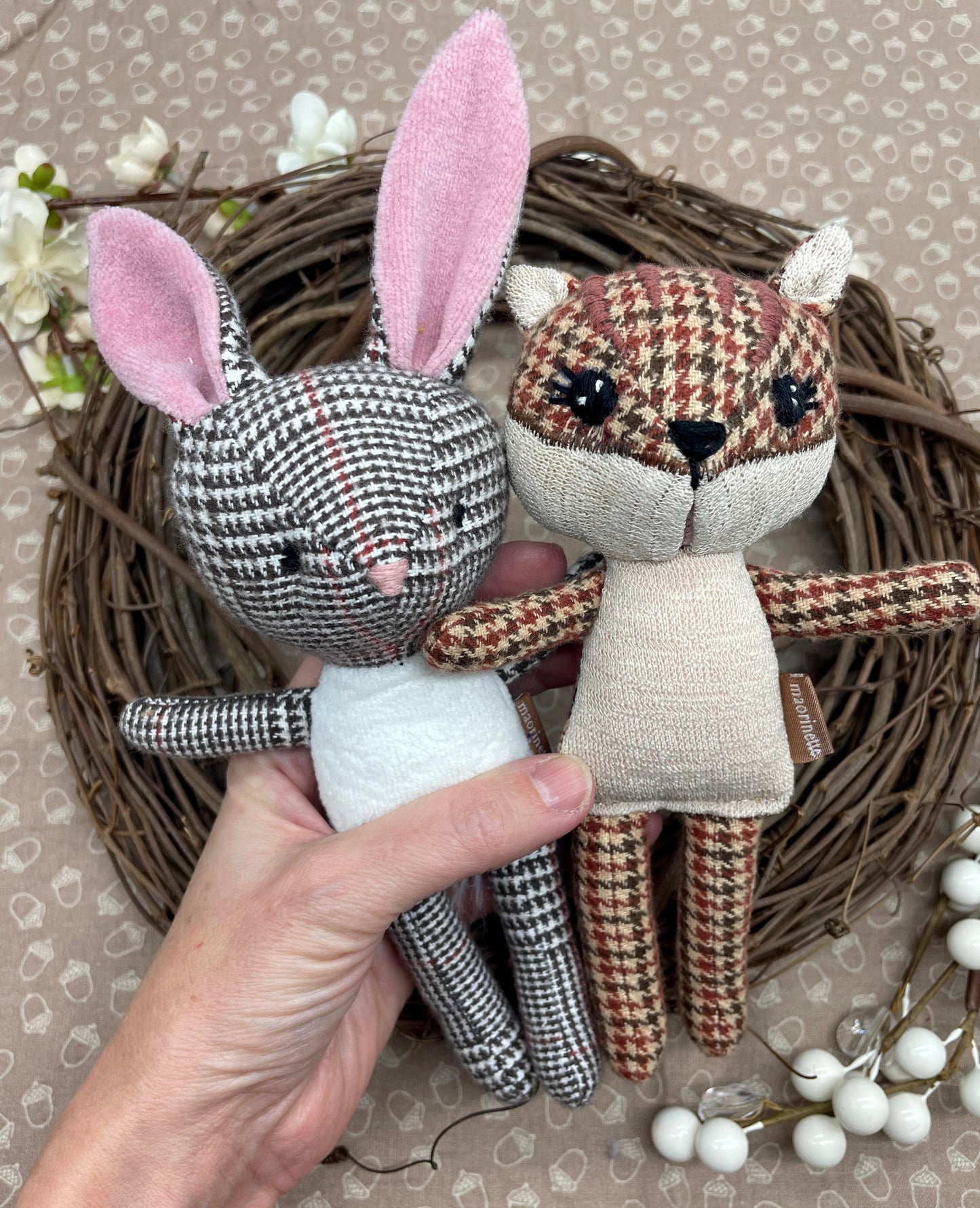 Handmade Chipmunk Doll, Stuffed chipmunk, Reversible clothes, gift idea, gift for kids, Yellow, Mushrooms, plaid, cute doll