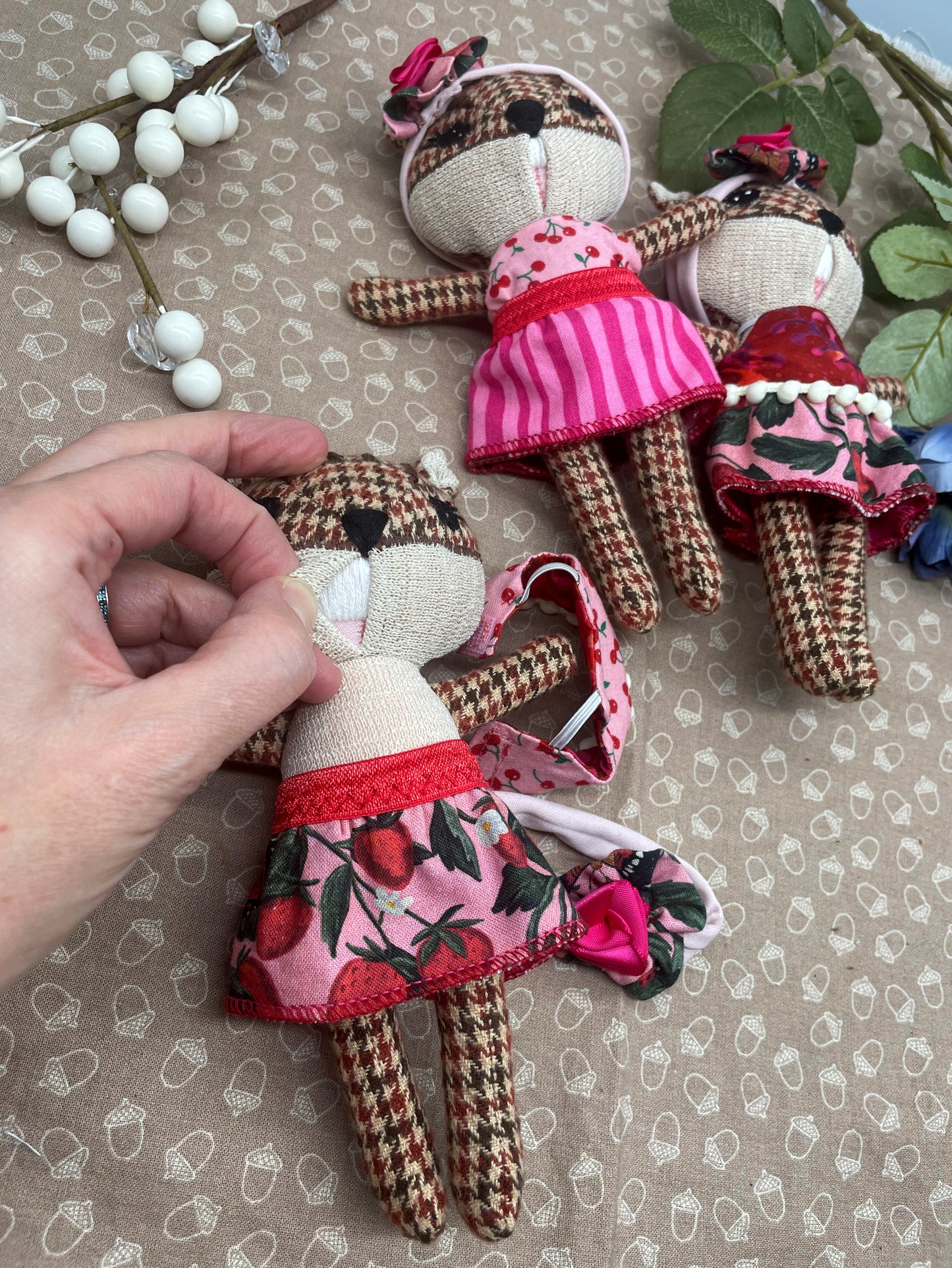 Handmade Chipmunk Doll, Stuffed chipmunk, Reversible clothes, gift idea, gift for kids, Pink, Strawberry, Cherry, plaid, cute doll