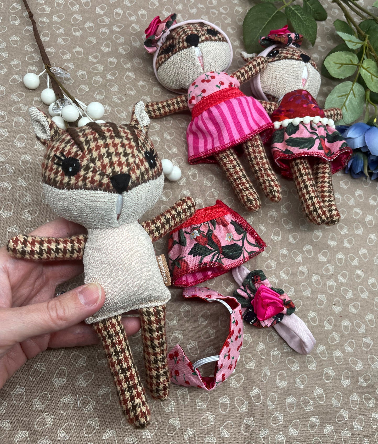 Handmade Chipmunk Doll, Stuffed chipmunk, Reversible clothes, gift idea, gift for kids, Pink, Strawberry, Cherry, plaid, cute doll