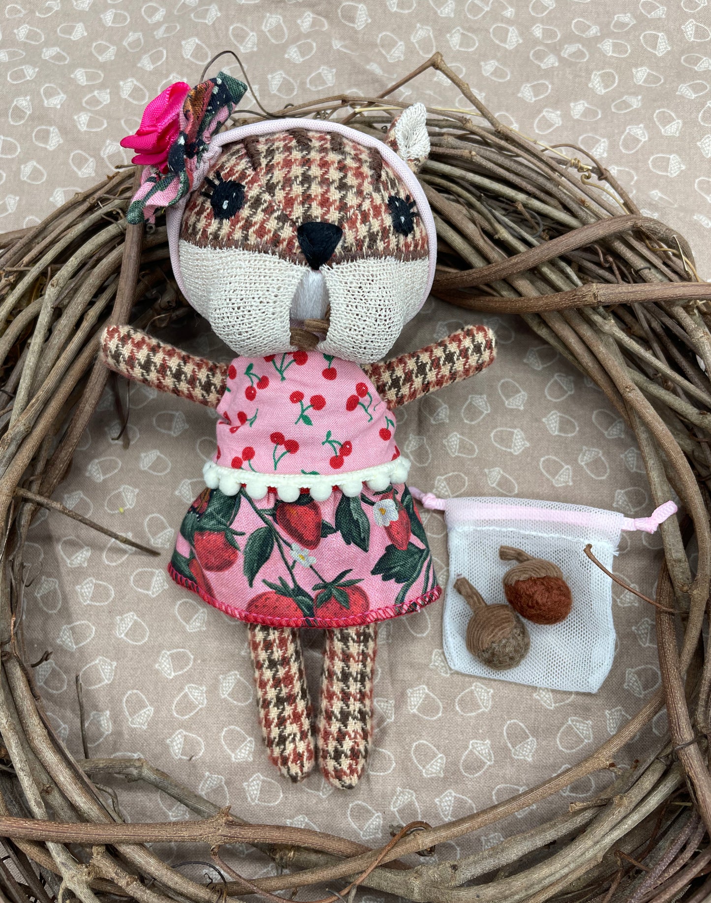 Handmade Chipmunk Doll, Stuffed chipmunk, Reversible clothes, gift idea, gift for kids, Pink, Strawberry, Cherry, plaid, cute doll
