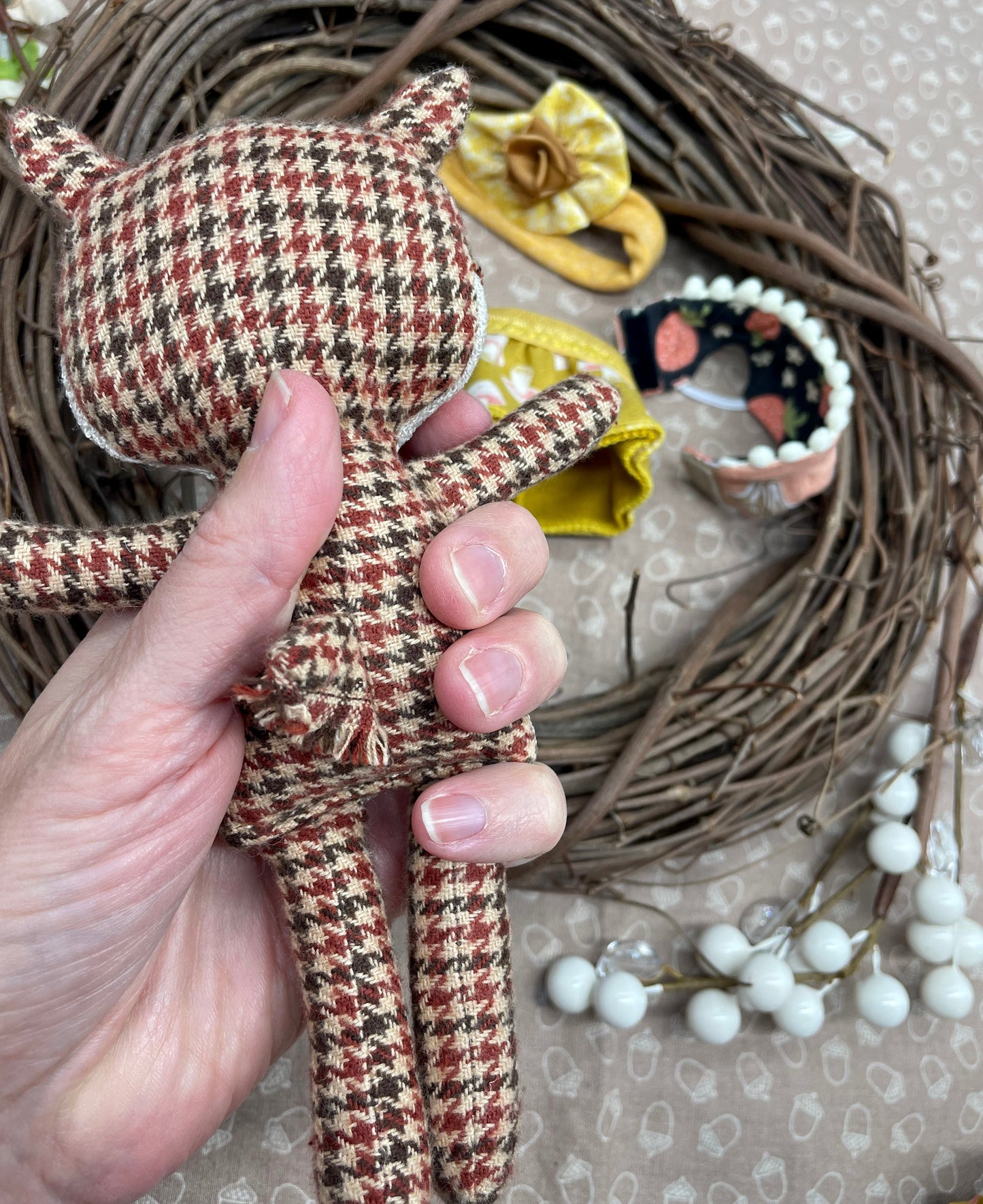 Handmade Chipmunk Doll, Stuffed chipmunk, Reversible clothes, gift idea, gift for kids, Yellow, Mushrooms, plaid, cute doll