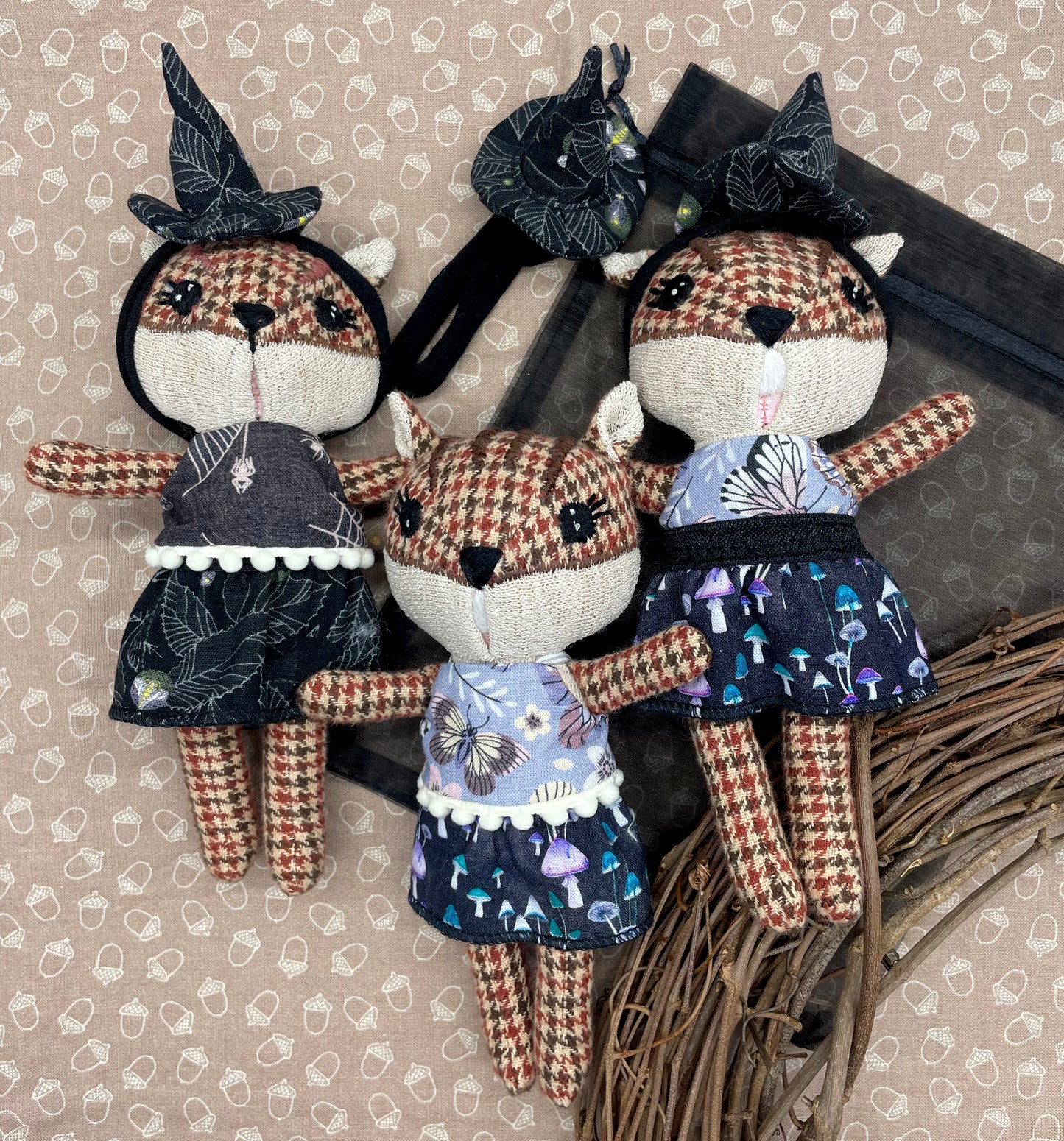 Handmade Chipmunk Doll, Stuffed chipmunk, Reversible clothes, gift idea, gift for kids, Witch doll, witch, gift, plaid, cute doll