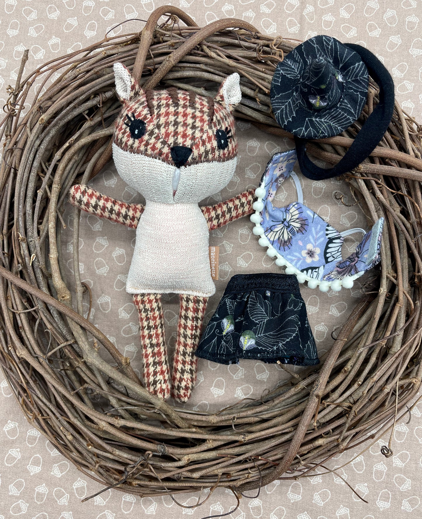 Handmade Chipmunk Doll, Stuffed chipmunk, Reversible clothes, gift idea, gift for kids, Witch doll, witch, gift, plaid, cute doll