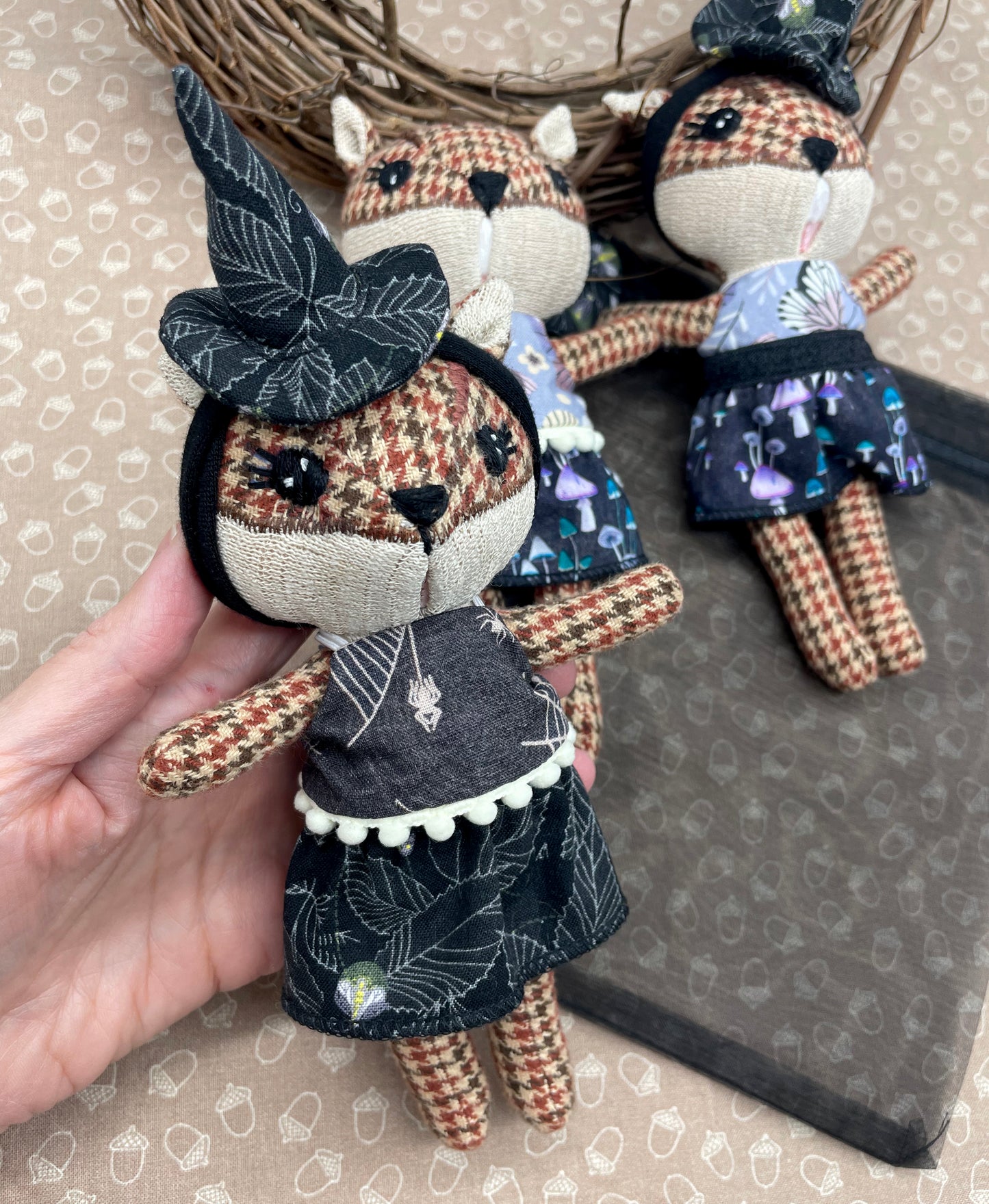 Handmade Chipmunk Doll, Stuffed chipmunk, Reversible clothes, gift idea, gift for kids, Witch doll, witch, gift, plaid, cute doll