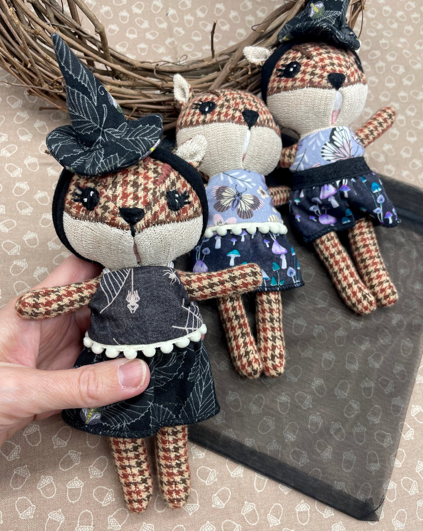 Handmade Chipmunk Doll, Stuffed chipmunk, Reversible clothes, gift idea, gift for kids, Witch doll, witch, gift, plaid, cute doll