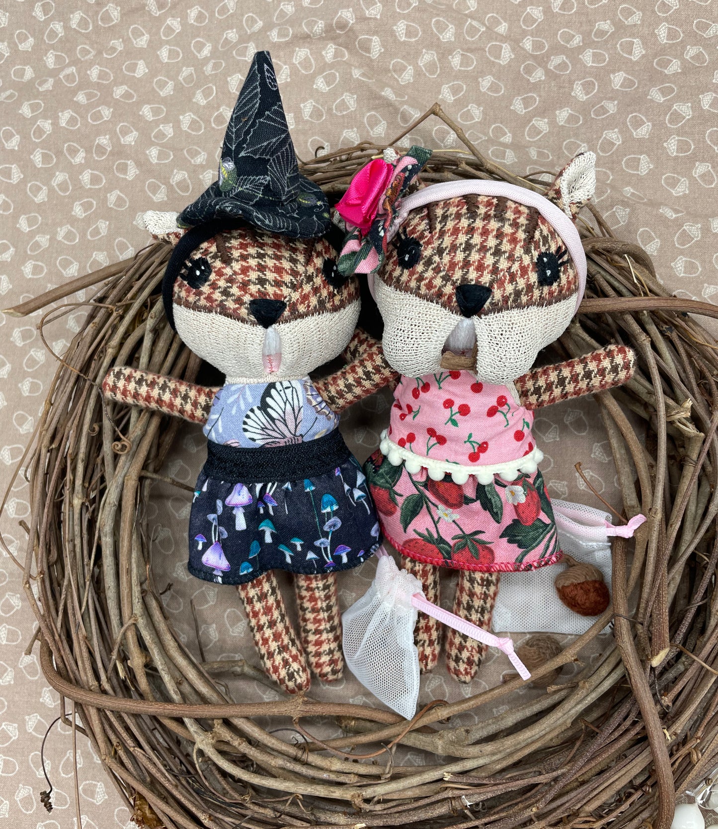 Handmade Chipmunk Doll, Stuffed chipmunk, Reversible clothes, gift idea, gift for kids, Witch doll, witch, gift, plaid, cute doll