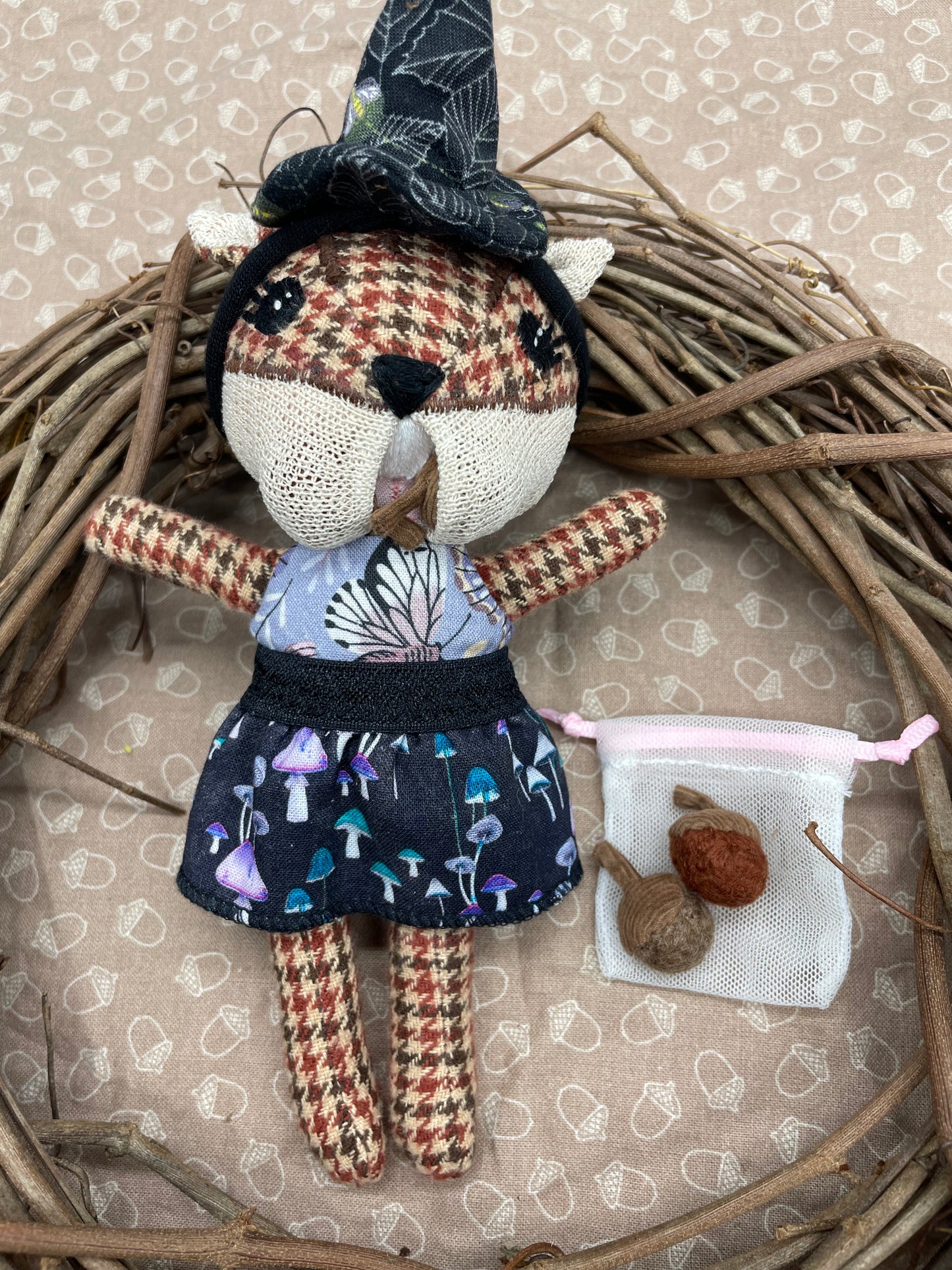 Handmade Chipmunk Doll, Stuffed chipmunk, Reversible clothes, gift idea, gift for kids, Witch doll, witch, gift, plaid, cute doll