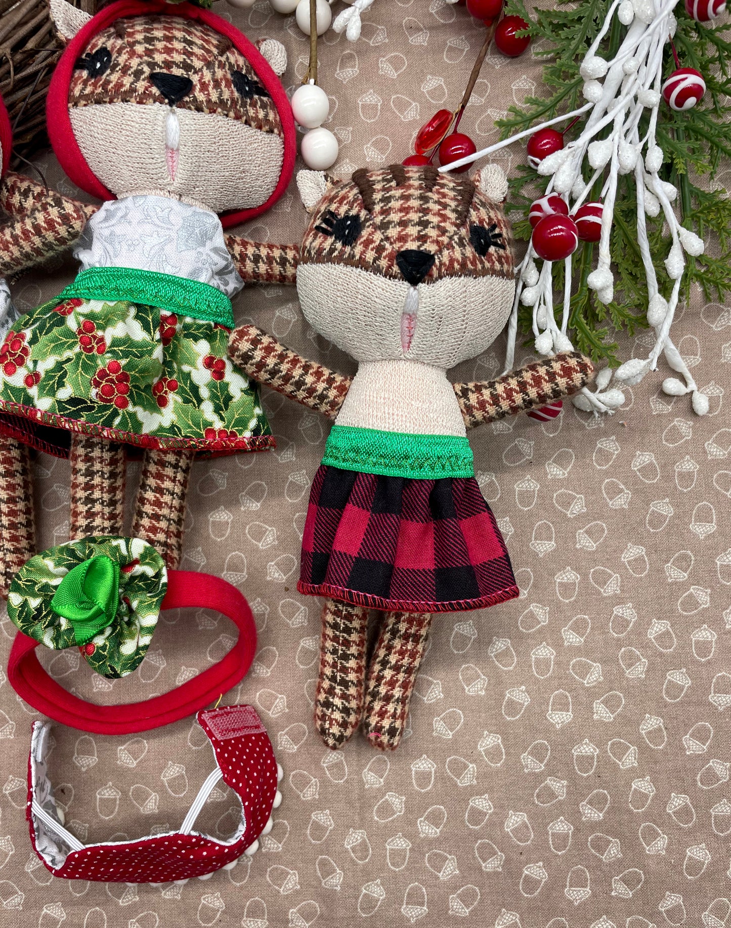 Handmade Chipmunk Doll, Stuffed chipmunk, Reversible clothes, gift idea, gift for kids, Christmas Doll, Xmas gift, plaid, cute doll