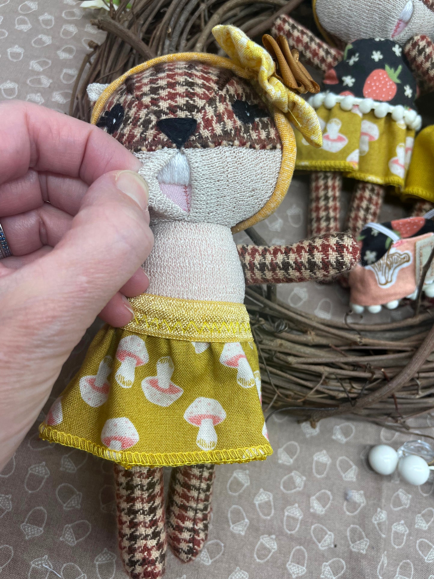 Handmade Chipmunk Doll, Stuffed chipmunk, Reversible clothes, gift idea, gift for kids, Yellow, Mushrooms, plaid, cute doll