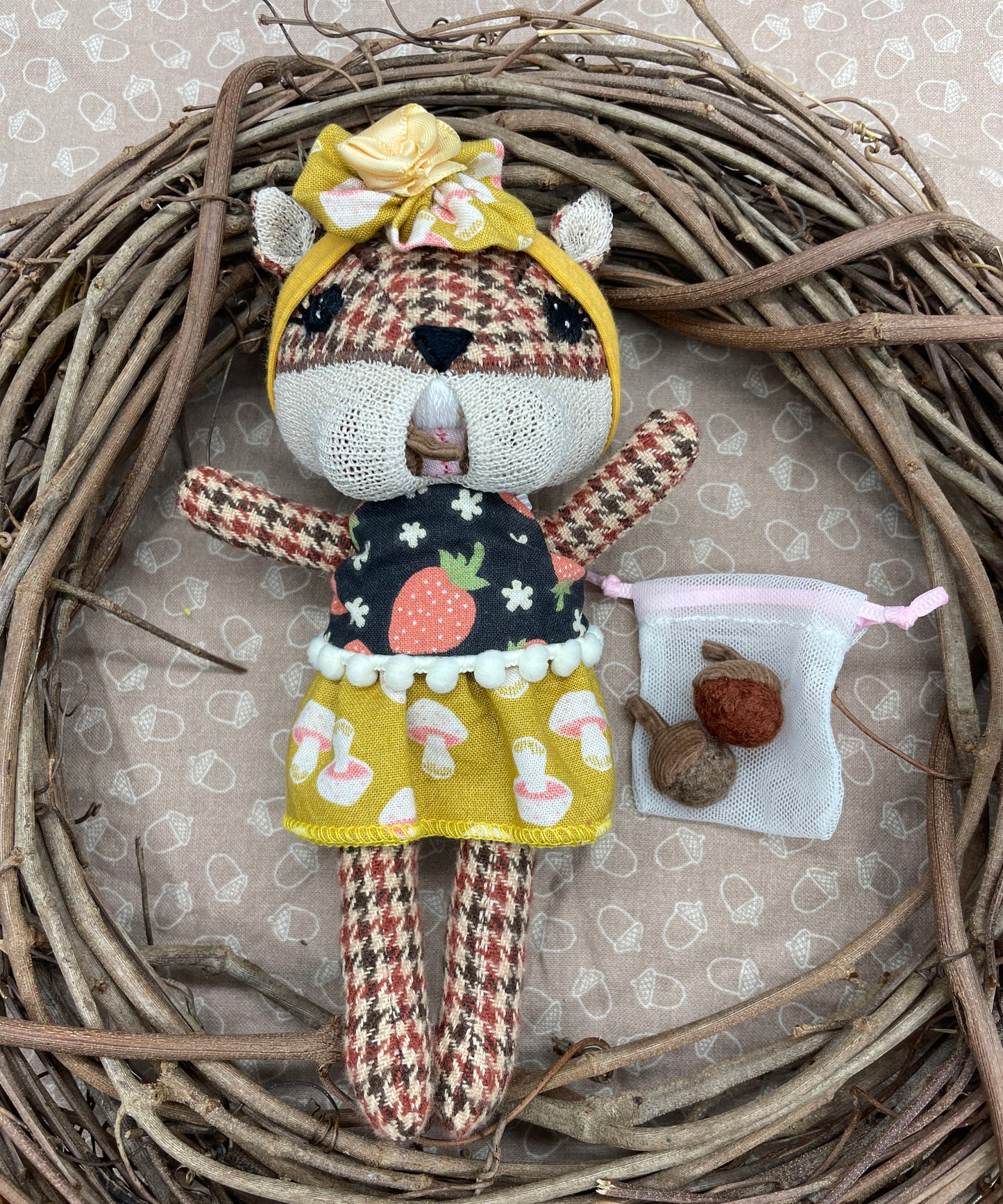 Handmade Chipmunk Doll, Stuffed chipmunk, Reversible clothes, gift idea, gift for kids, Yellow, Mushrooms, plaid, cute doll