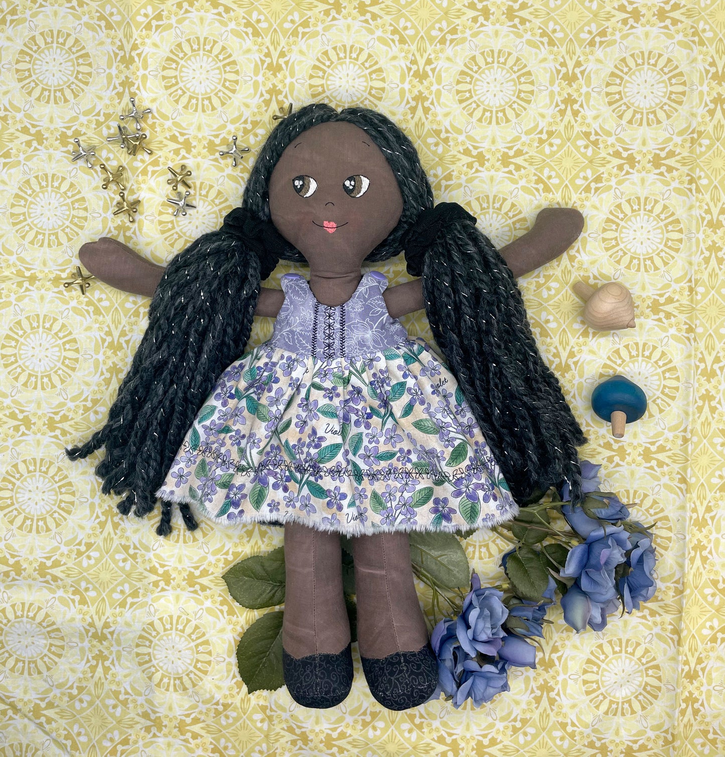 REVERSIBLE DRESS, Handmade Doll, "EFIE", handmade gift, cloth doll, black doll, diverse doll, heirloom doll, Brown Muslin, tinsel, sparkle
