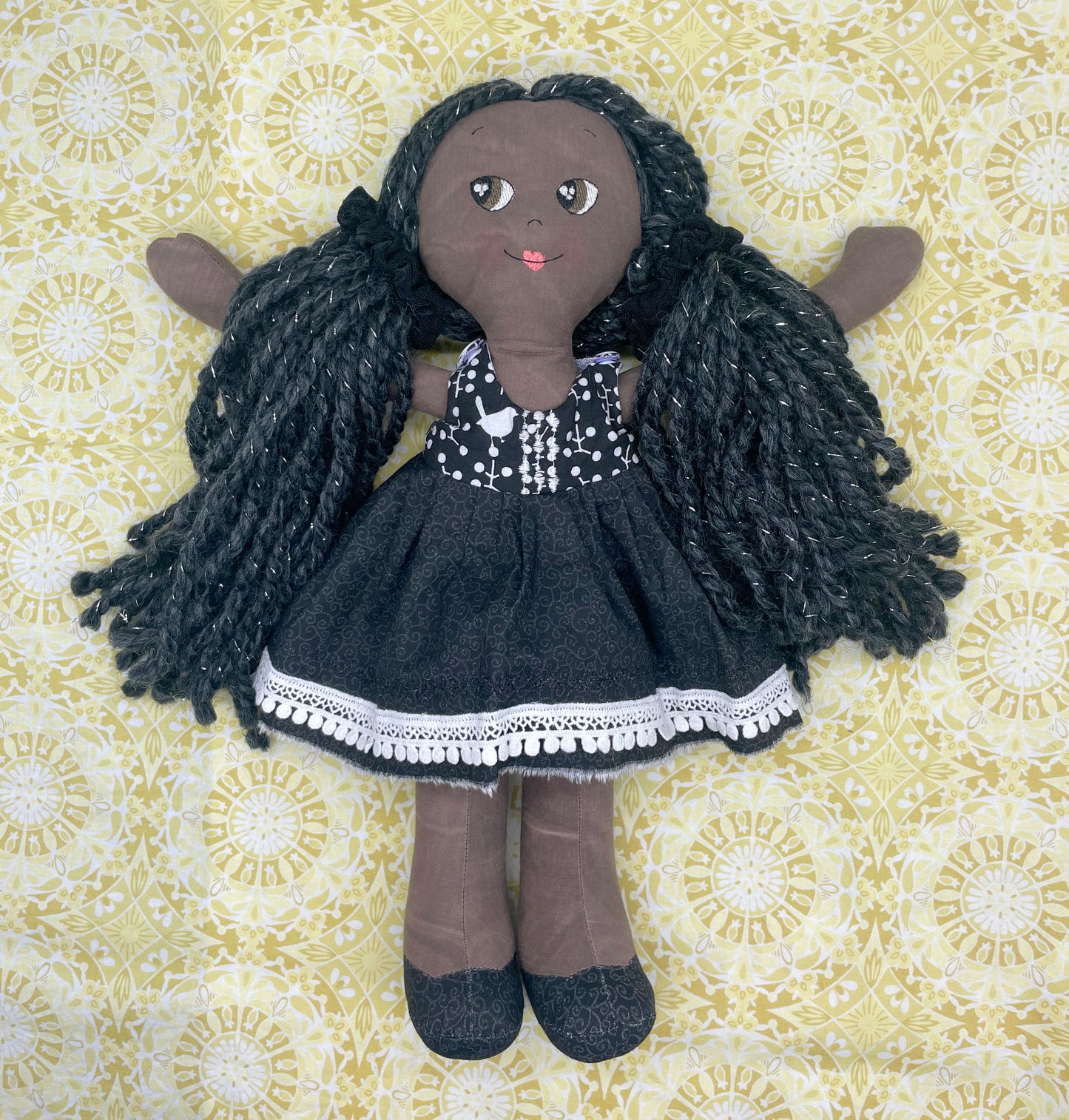 REVERSIBLE DRESS, Handmade Doll, "EFIE", handmade gift, cloth doll, black doll, diverse doll, heirloom doll, Brown Muslin, tinsel, sparkle