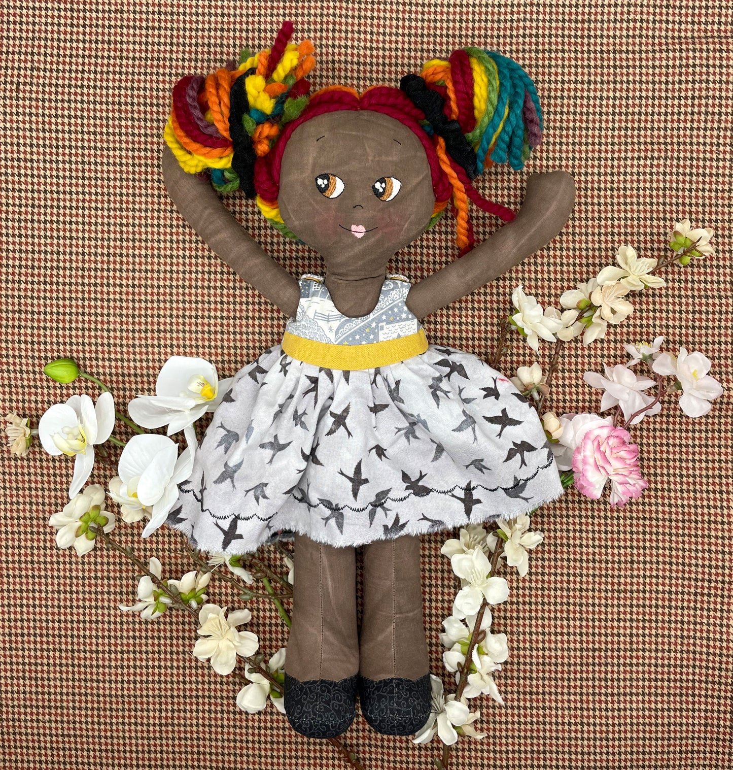 REVERSIBLE DRESS, Handmade Doll, "FLOR", handmade gift, pride doll, rainbow doll, black doll, diverse doll, heirloom doll, Brown Muslin