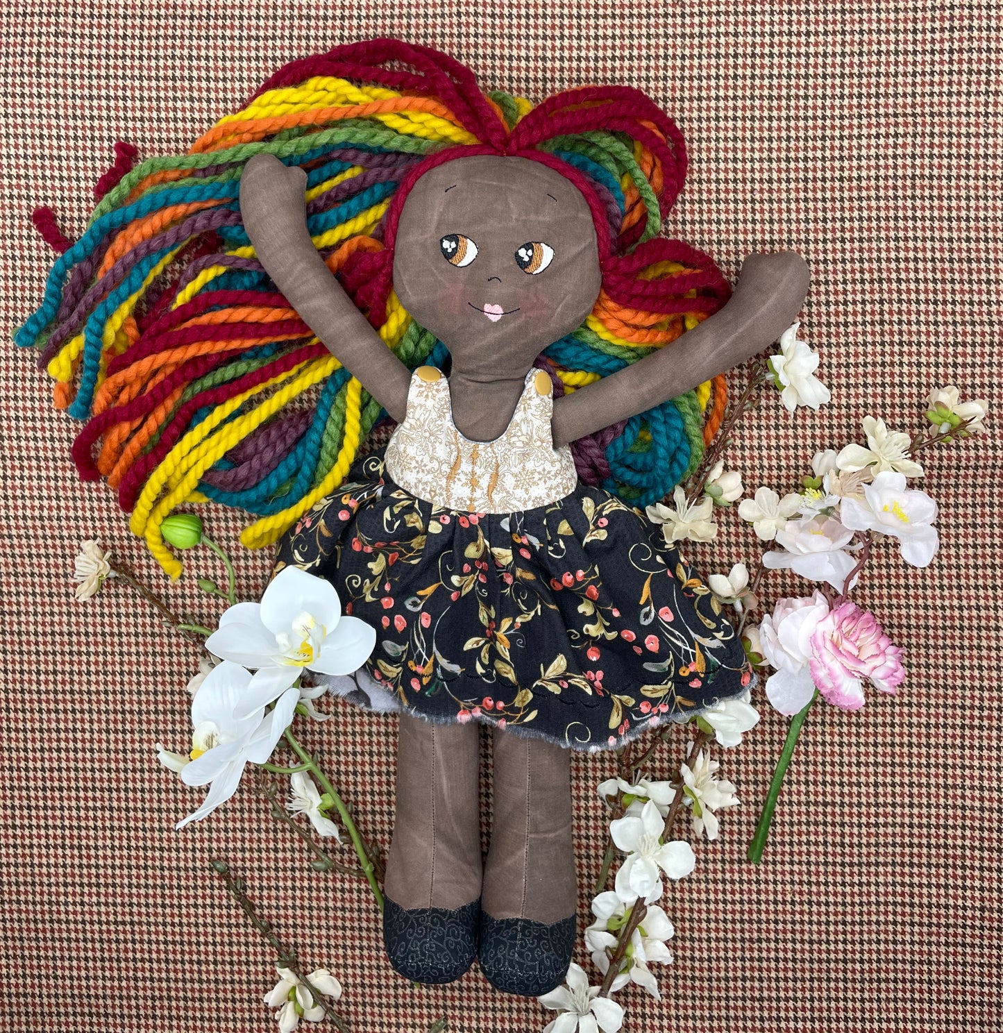 REVERSIBLE DRESS, Handmade Doll, "FLOR", handmade gift, pride doll, rainbow doll, black doll, diverse doll, heirloom doll, Brown Muslin