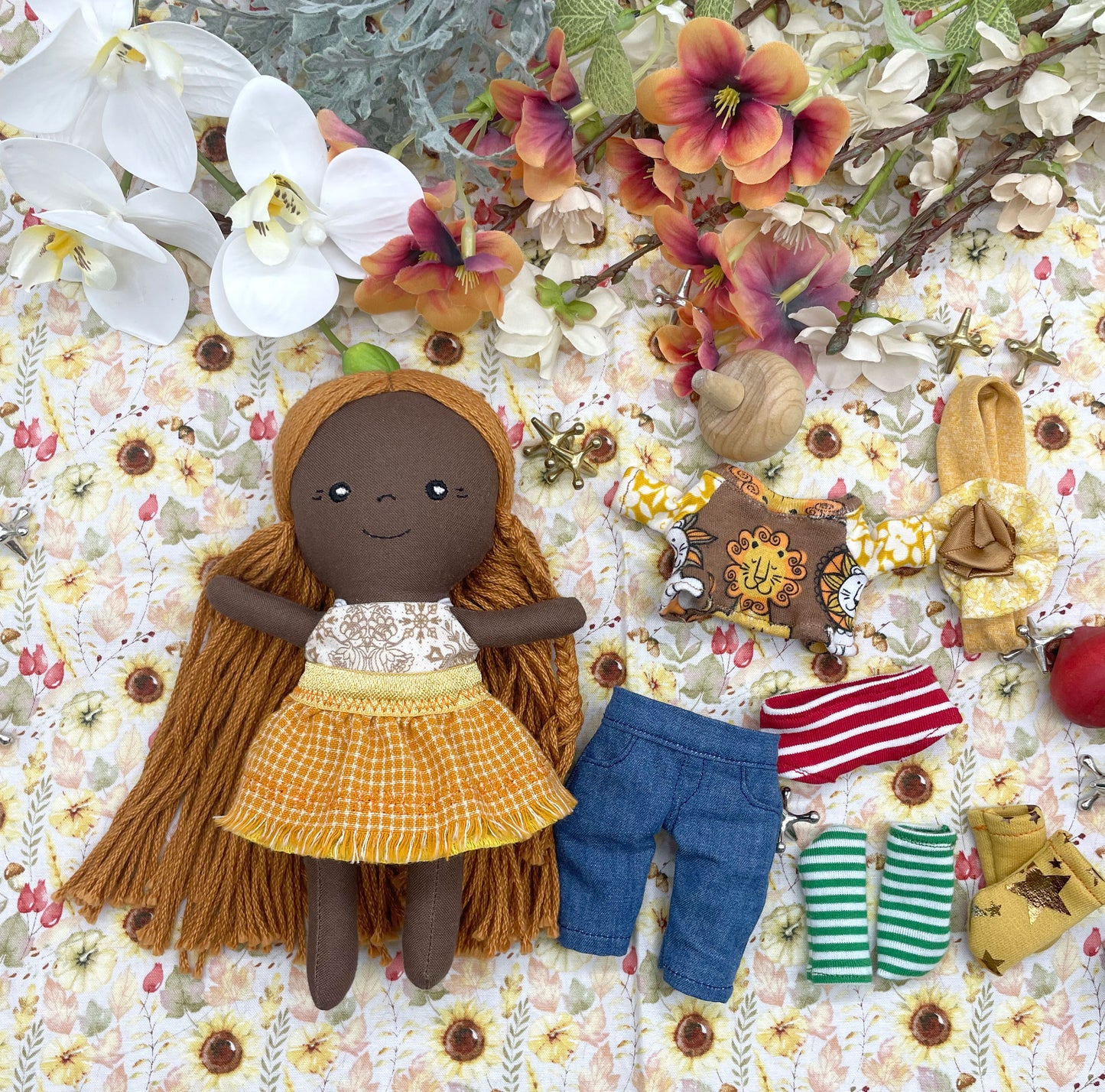 Small Handmade Doll with extra clothes, handmade, Yellow hair, Accessories included, Gift, Diverse, heirloom, doll set, skirt, reversible