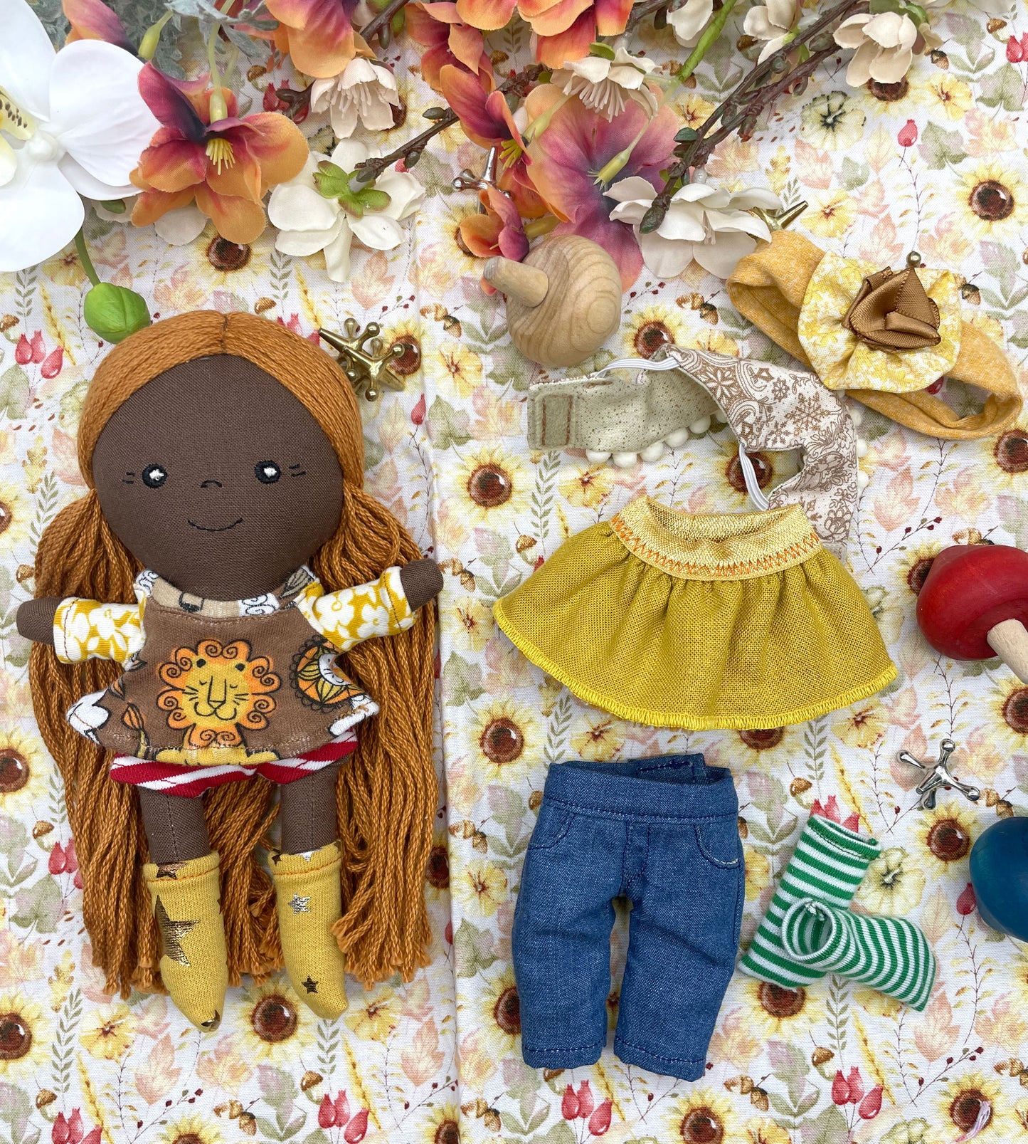 Small Handmade Doll with extra clothes, handmade, Yellow hair, Accessories included, Gift, Diverse, heirloom, doll set, skirt, reversible