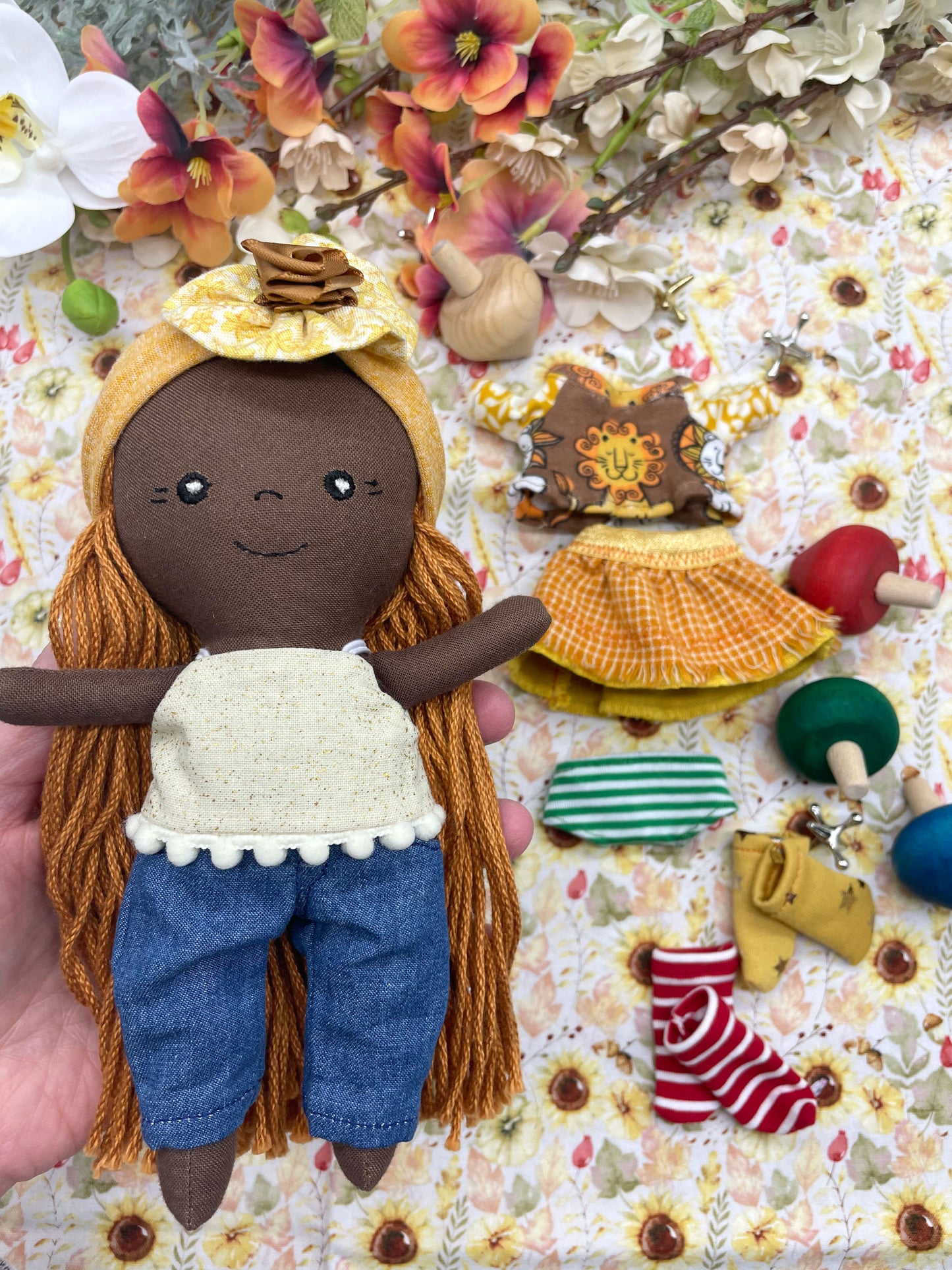 Small Handmade Doll with extra clothes, handmade, Yellow hair, Accessories included, Gift, Diverse, heirloom, doll set, skirt, reversible