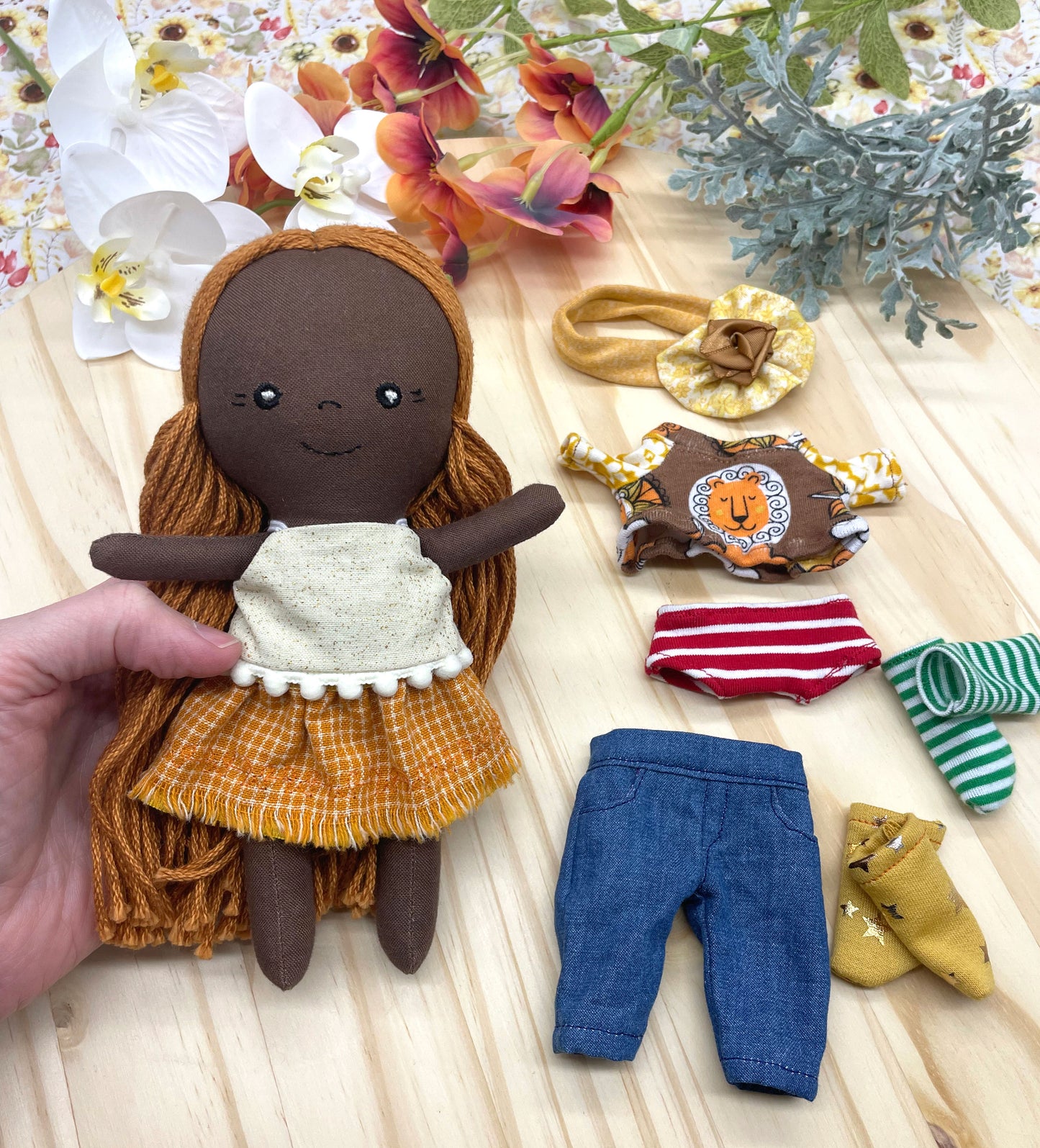 Small Handmade Doll with extra clothes, handmade, Yellow hair, Accessories included, Gift, Diverse, heirloom, doll set, skirt, reversible