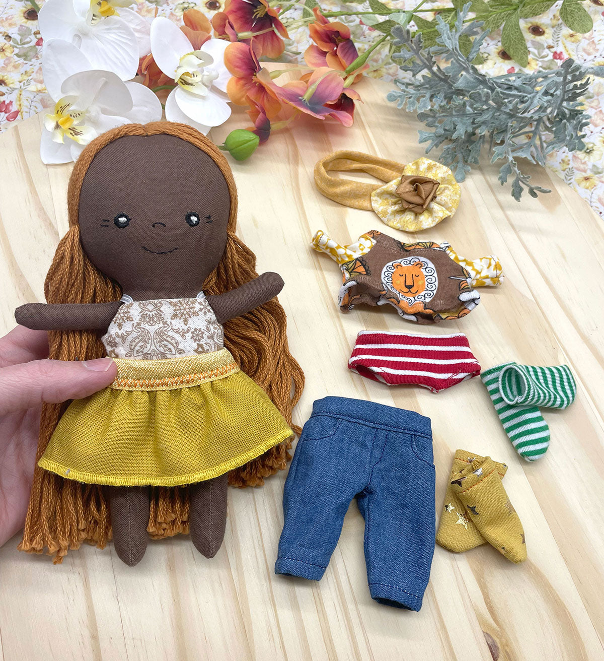 Small Handmade Doll with extra clothes, handmade, Yellow hair, Accessories included, Gift, Diverse, heirloom, doll set, skirt, reversible