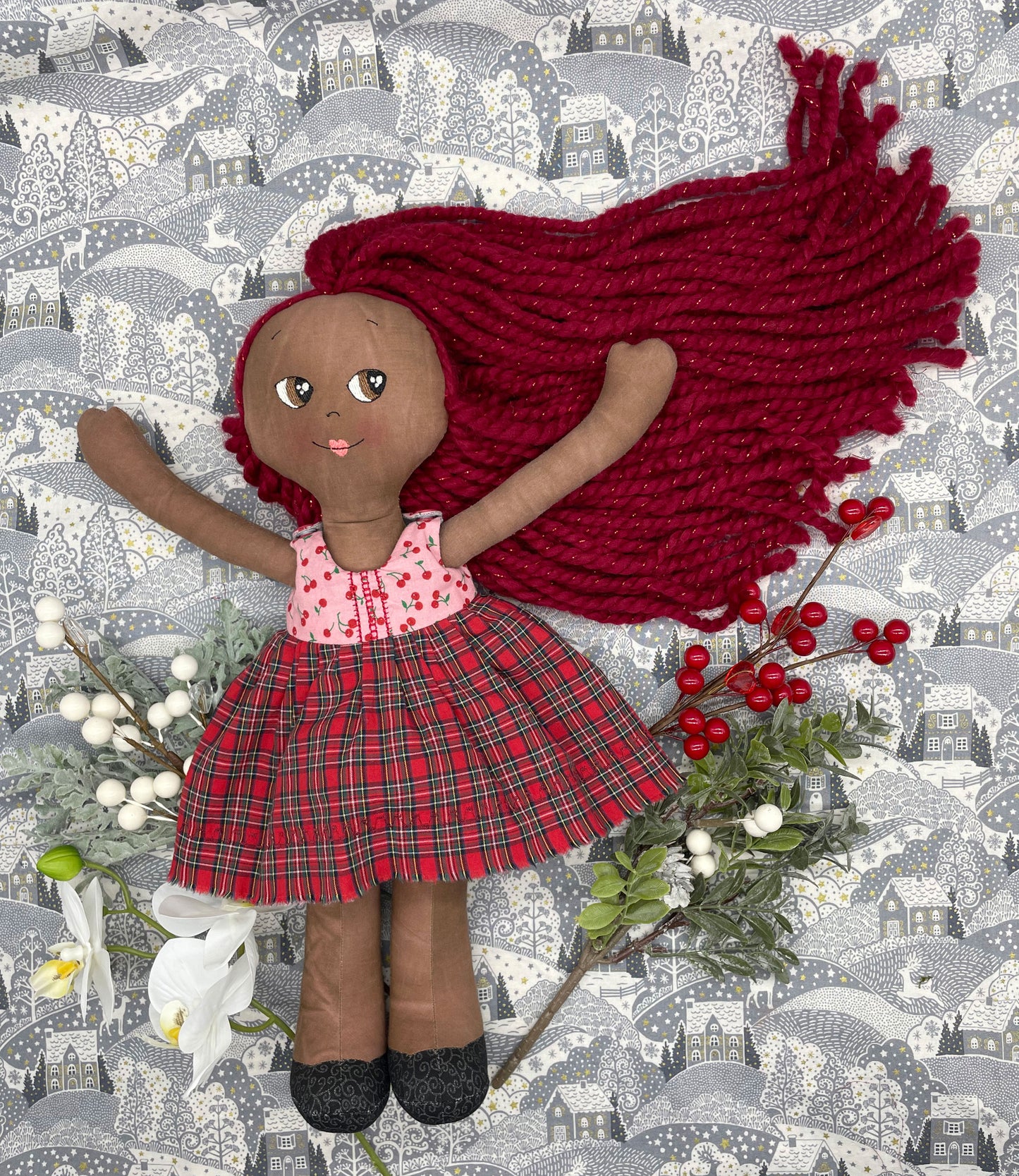 REVERSIBLE DRESS, Handmade Doll, "ISOLDE", handmade gift, cloth doll, fabric doll, black doll, diverse doll, heirloom doll, Brown Muslin