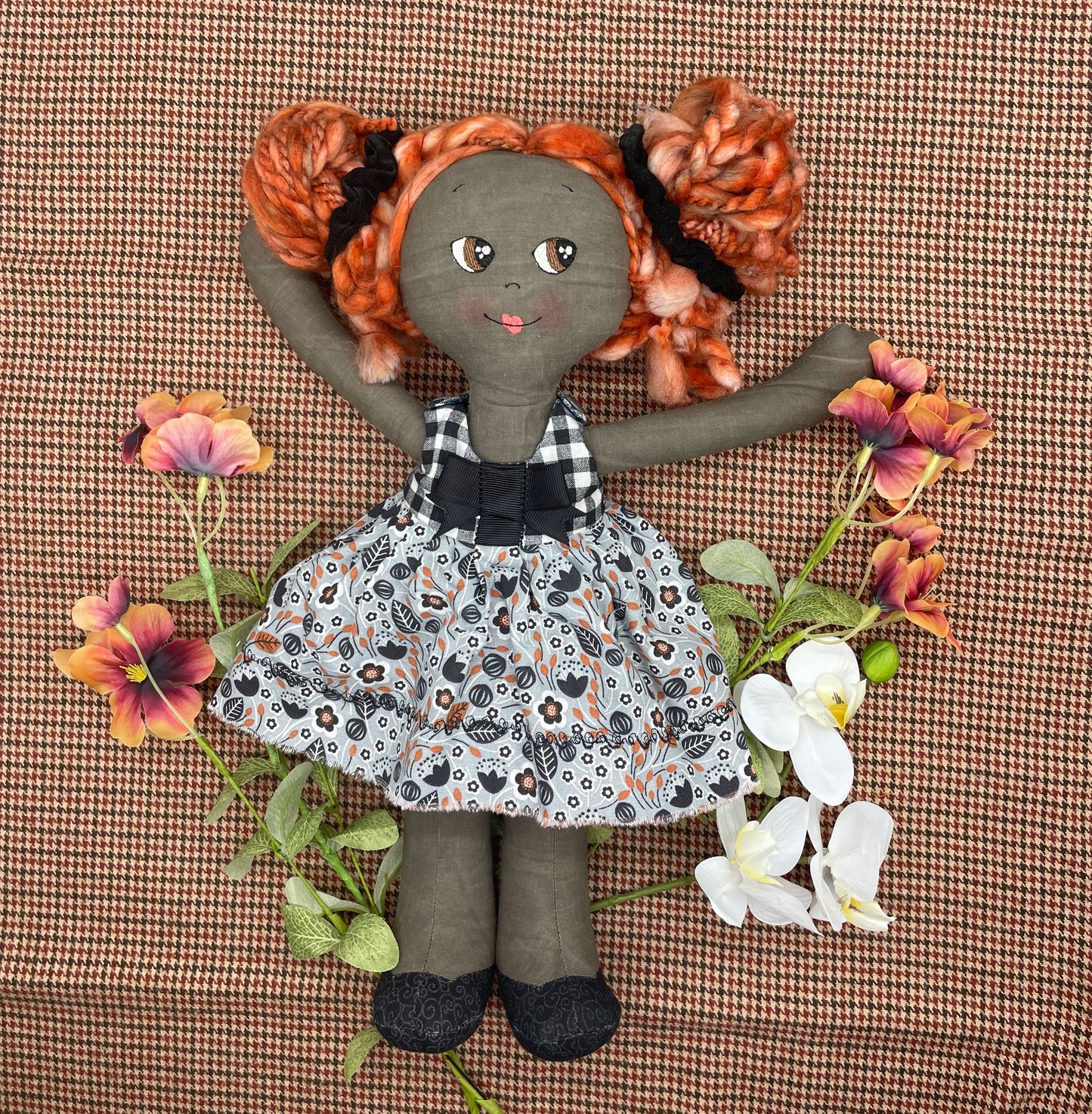 REVERSIBLE DRESS, Handmade Doll, "LARRY", handmade gift, cloth doll, fabric doll, black doll, diverse doll, heirloom doll, Brown Muslin