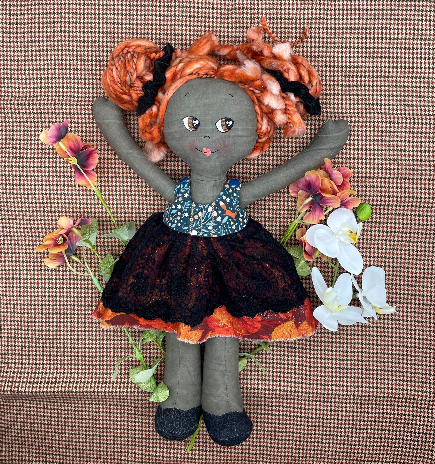 REVERSIBLE DRESS, Handmade Doll, "LARRY", handmade gift, cloth doll, fabric doll, black doll, diverse doll, heirloom doll, Brown Muslin