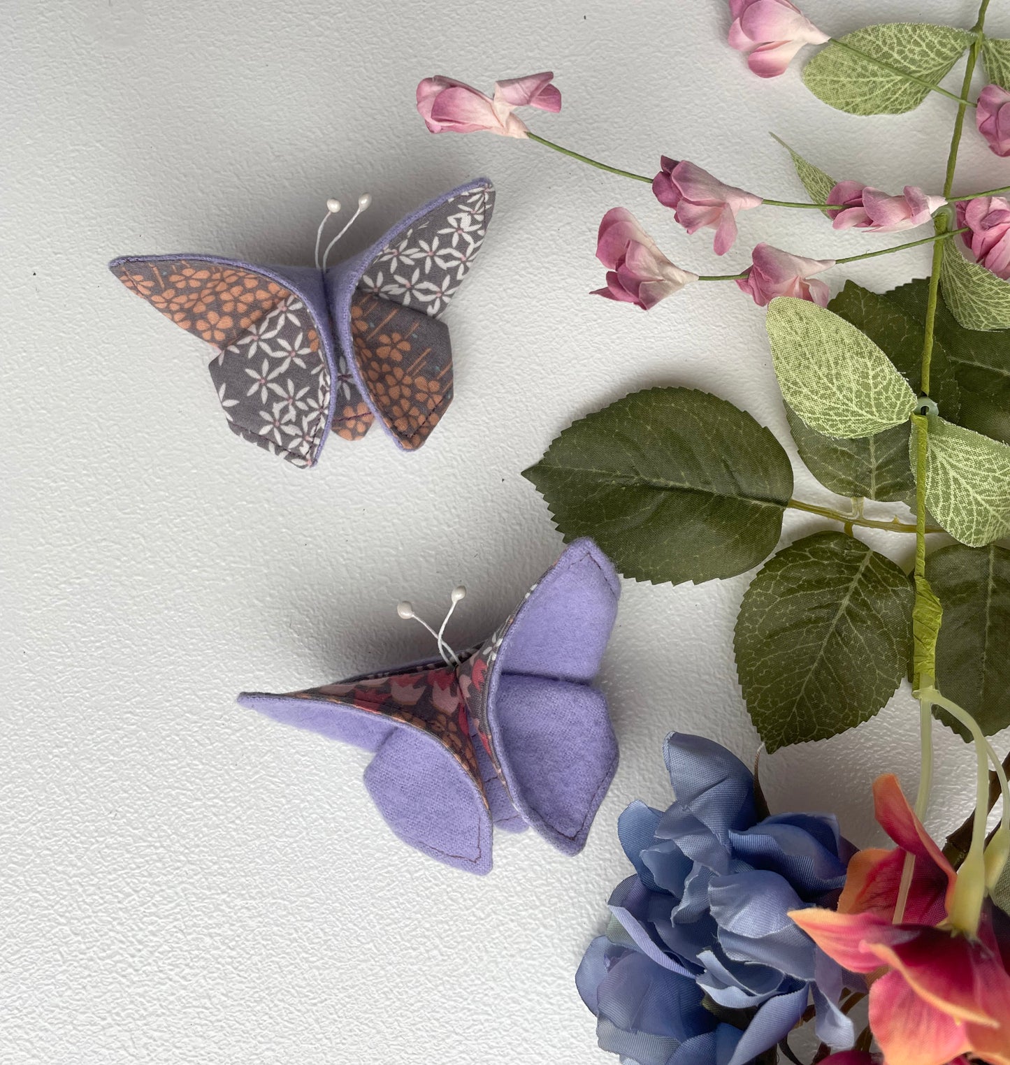 LAVENDER Floral Scrappy Butterfly Barrettes, Set of 2, Unique Barrettes, Children's Hair, One of a kind, Hair accessories, hair clips, flannel, cotton