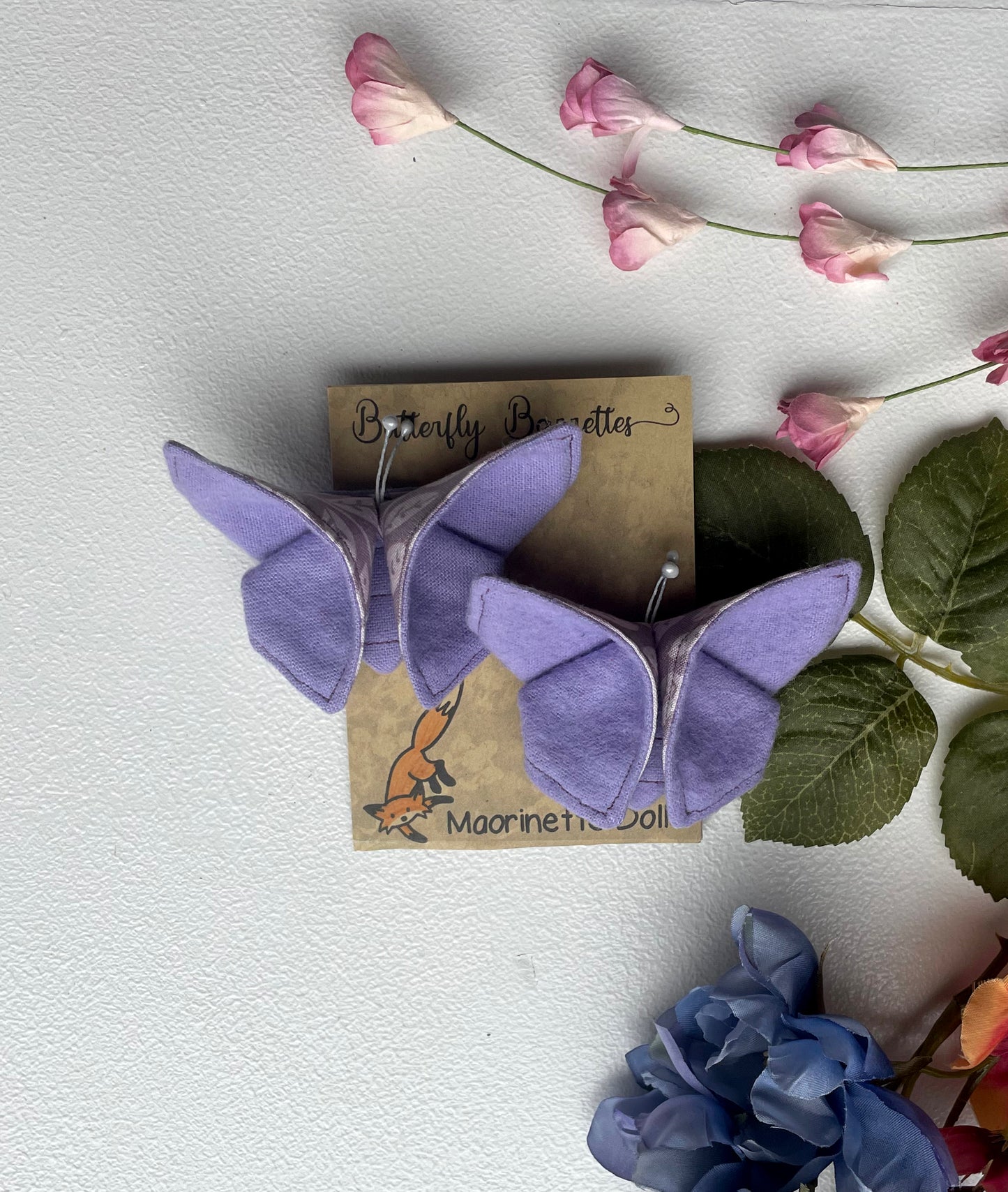 LAVENDER Leaves Scrappy Butterfly Barrettes, Set of 2, Unique Barrettes, Children's Hair, One of a kind, Hair accessories, hair clips, flannel, cotton