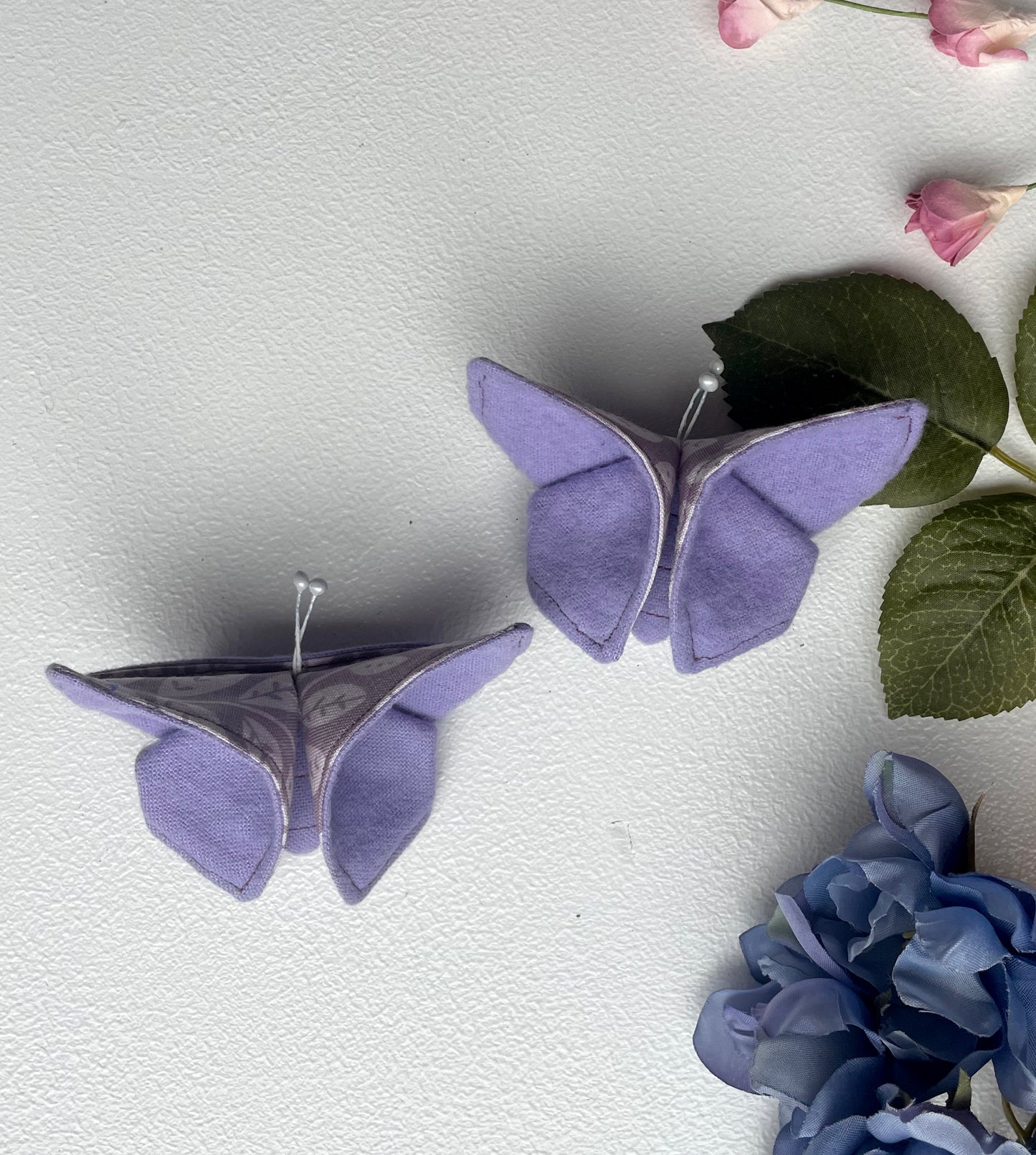 LAVENDER Leaves Scrappy Butterfly Barrettes, Set of 2, Unique Barrettes, Children's Hair, One of a kind, Hair accessories, hair clips, flannel, cotton