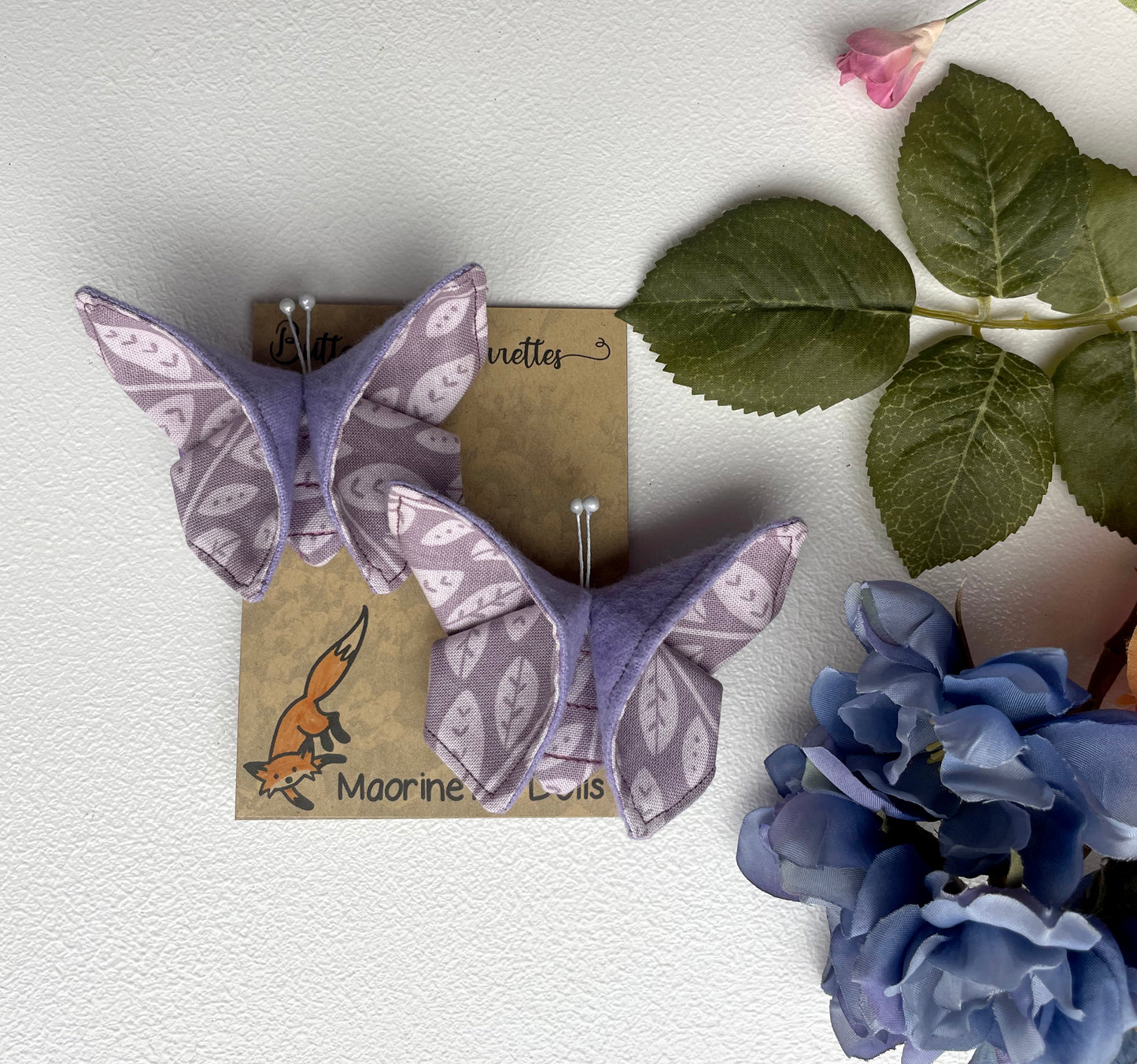 LAVENDER Leaves Scrappy Butterfly Barrettes, Set of 2, Unique Barrettes, Children's Hair, One of a kind, Hair accessories, hair clips, flannel, cotton