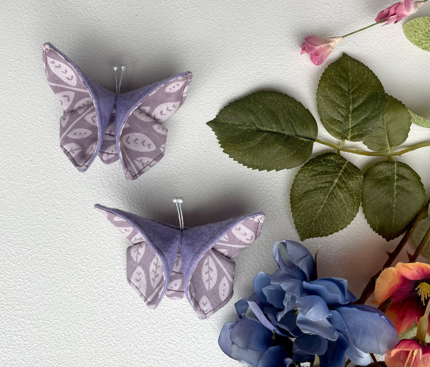LAVENDER Leaves Scrappy Butterfly Barrettes, Set of 2, Unique Barrettes, Children's Hair, One of a kind, Hair accessories, hair clips, flannel, cotton