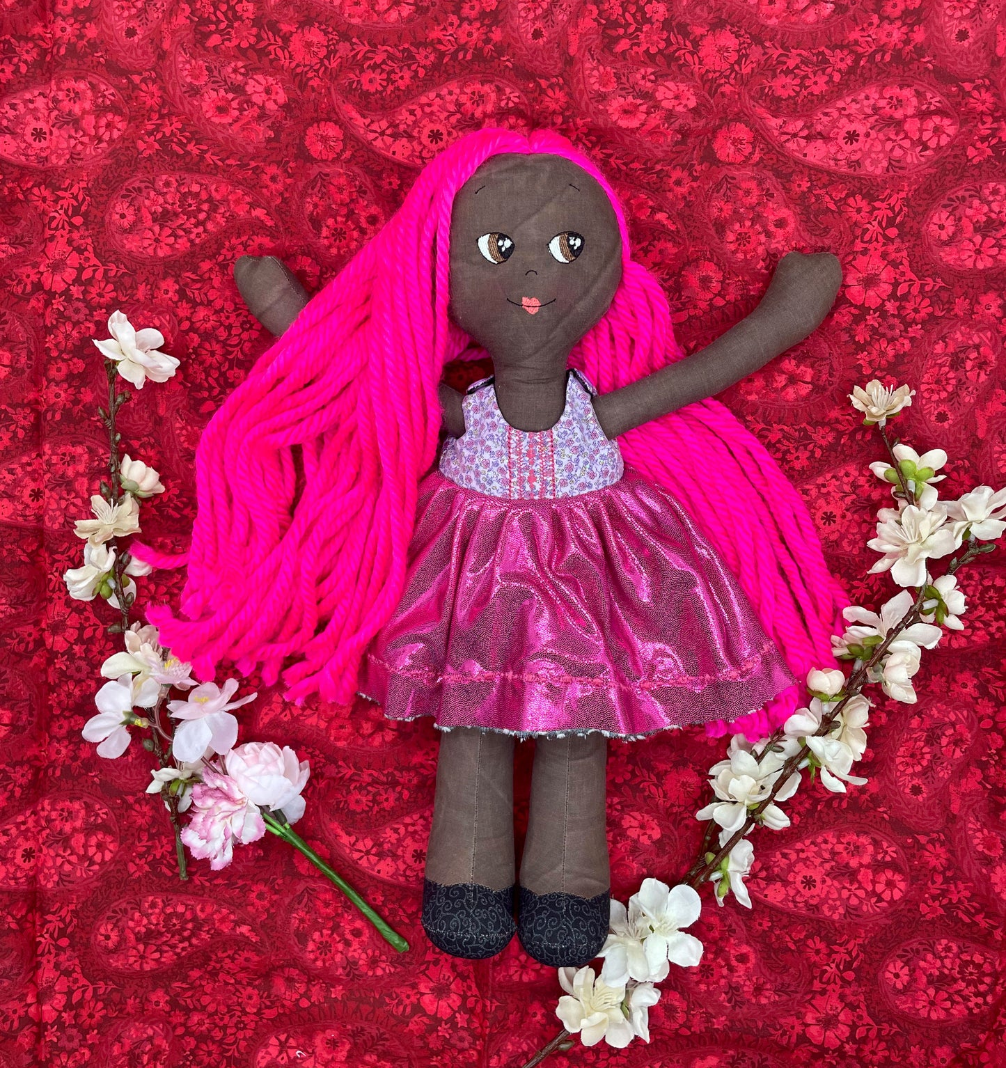 REVERSIBLE DRESS, Handmade Doll, "MILLY", handmade gift, hot pink, fabric doll, black doll, diverse doll, heirloom doll, Brown Muslin