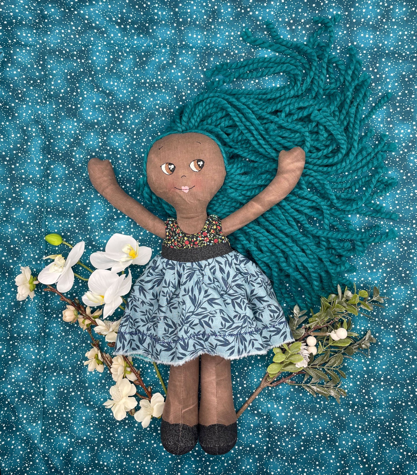 REVERSIBLE DRESS, Handmade Doll, "ORLA", handmade gift, cloth doll, fabric doll, black doll, diverse doll, heirloom doll, Brown Muslin, teal